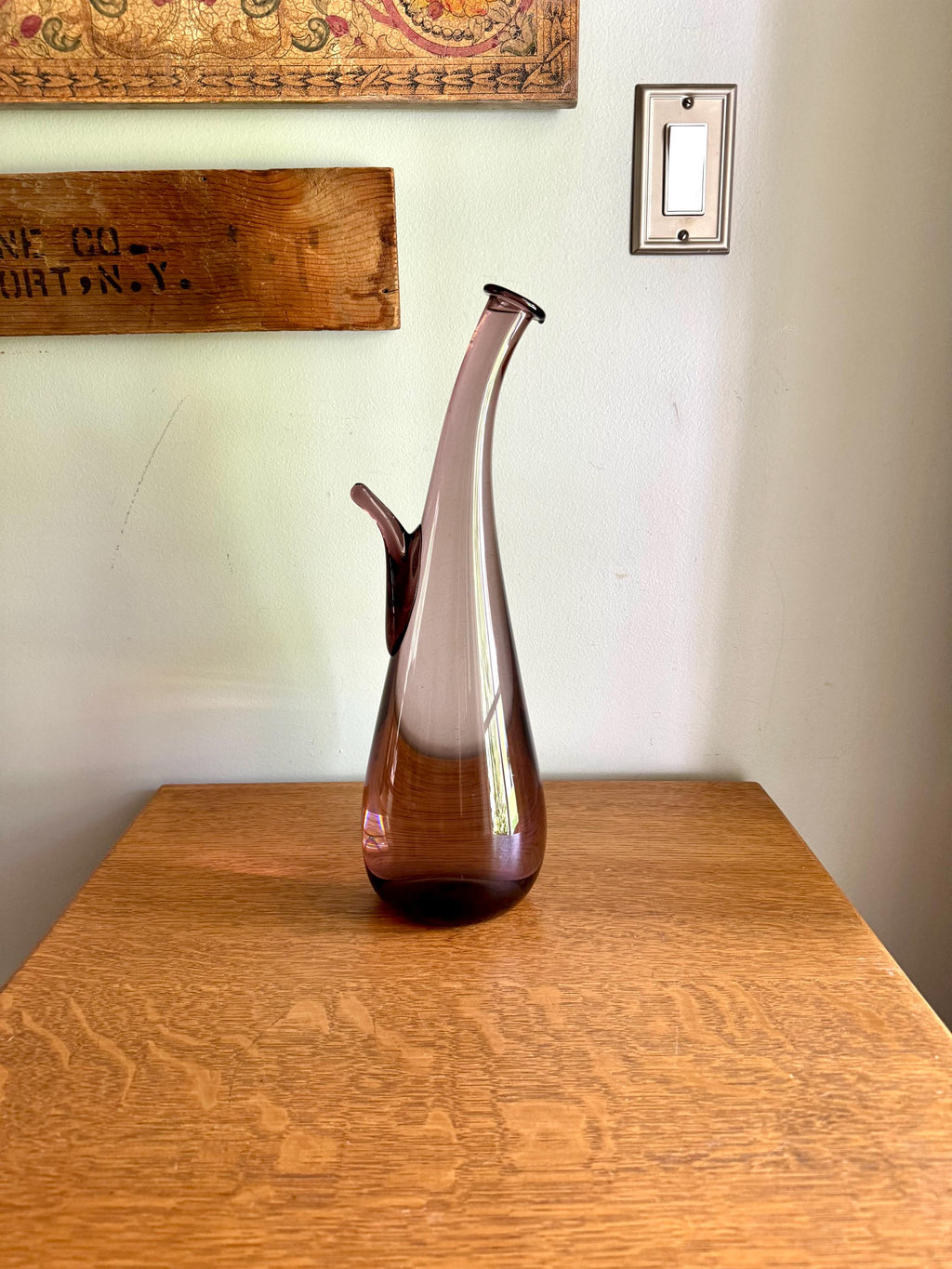 Large Amethyst Bent Glass Bottle | Unique Deep Purple Italian Glass Decanter | 16" Tall Genie Bottle Amethyst Bohemian Style Bottle