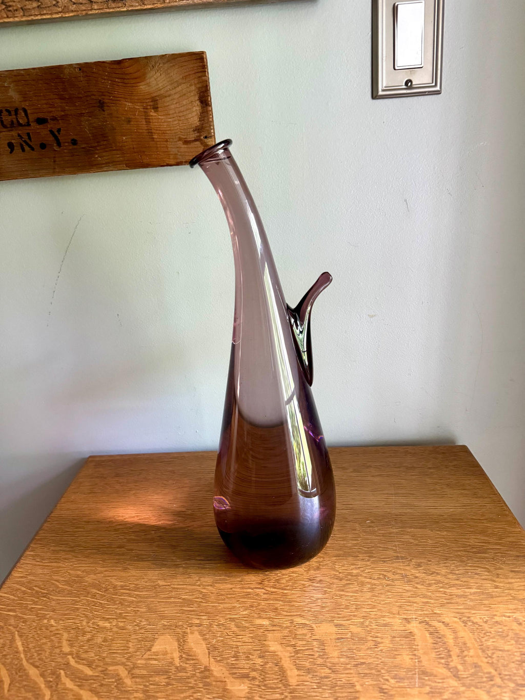 Large Amethyst Bent Glass Bottle | Unique Deep Purple Italian Glass Decanter | 16" Tall Genie Bottle Amethyst Bohemian Style Bottle
