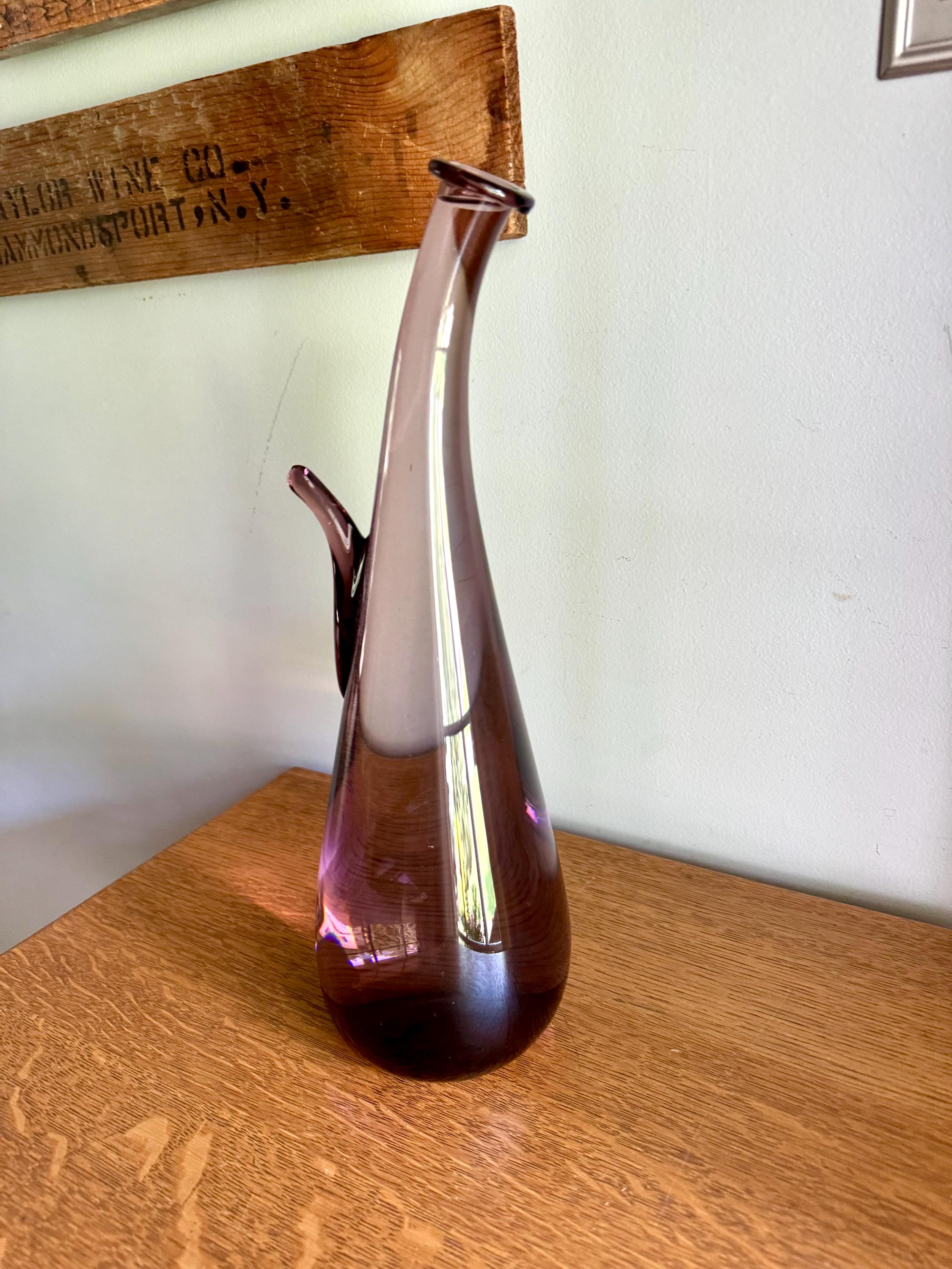 Large Amethyst Bent Glass Bottle | Unique Deep Purple Italian Glass Decanter | 16" Tall Genie Bottle Amethyst Bohemian Style Bottle