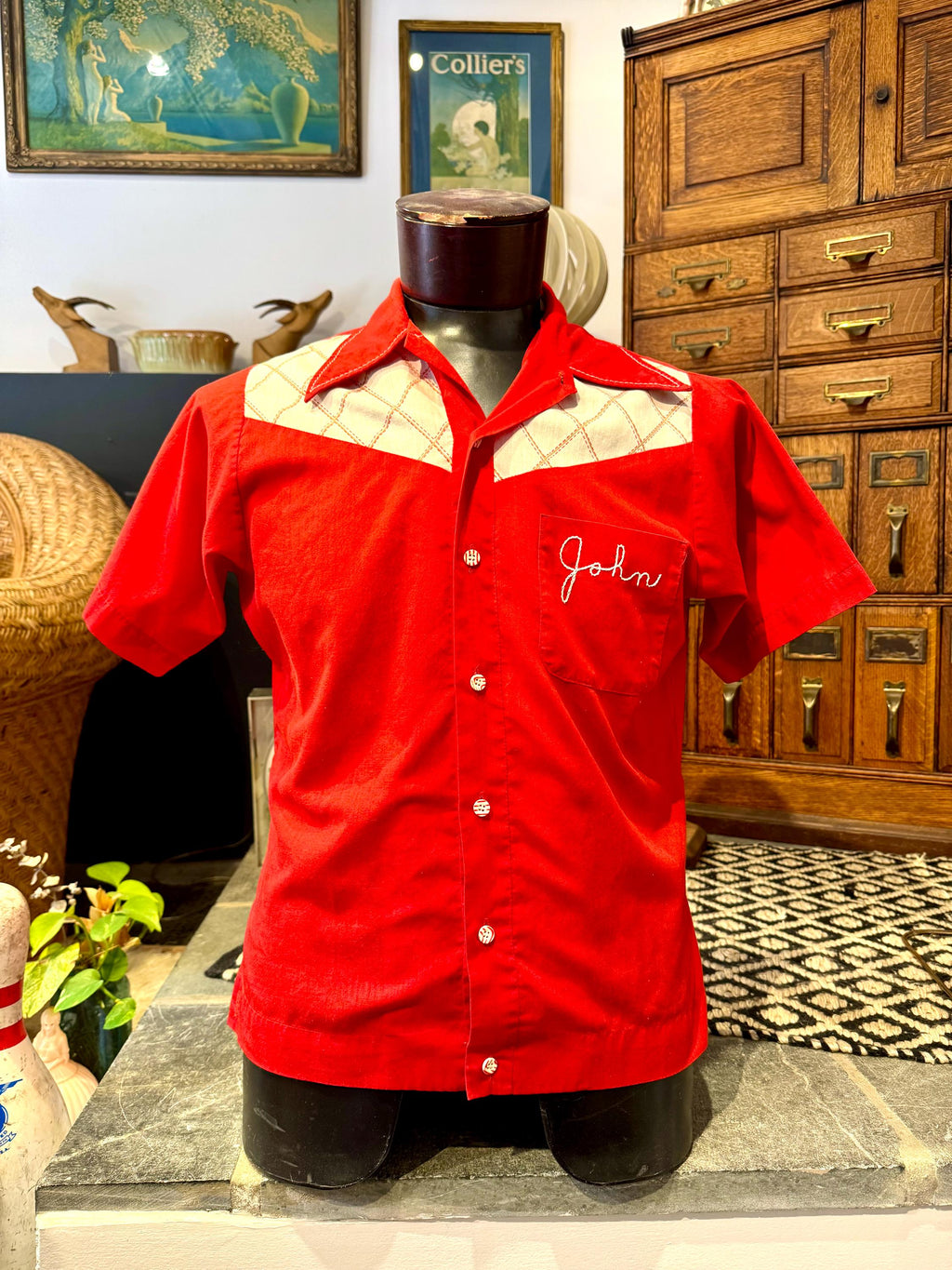 Vtg Embroidered Bowling Club Shirt | Red and White 50's Bowling Shirt | King Louie Bowling Shirt (M) John's Shirt | Chain Stitched Shirt
