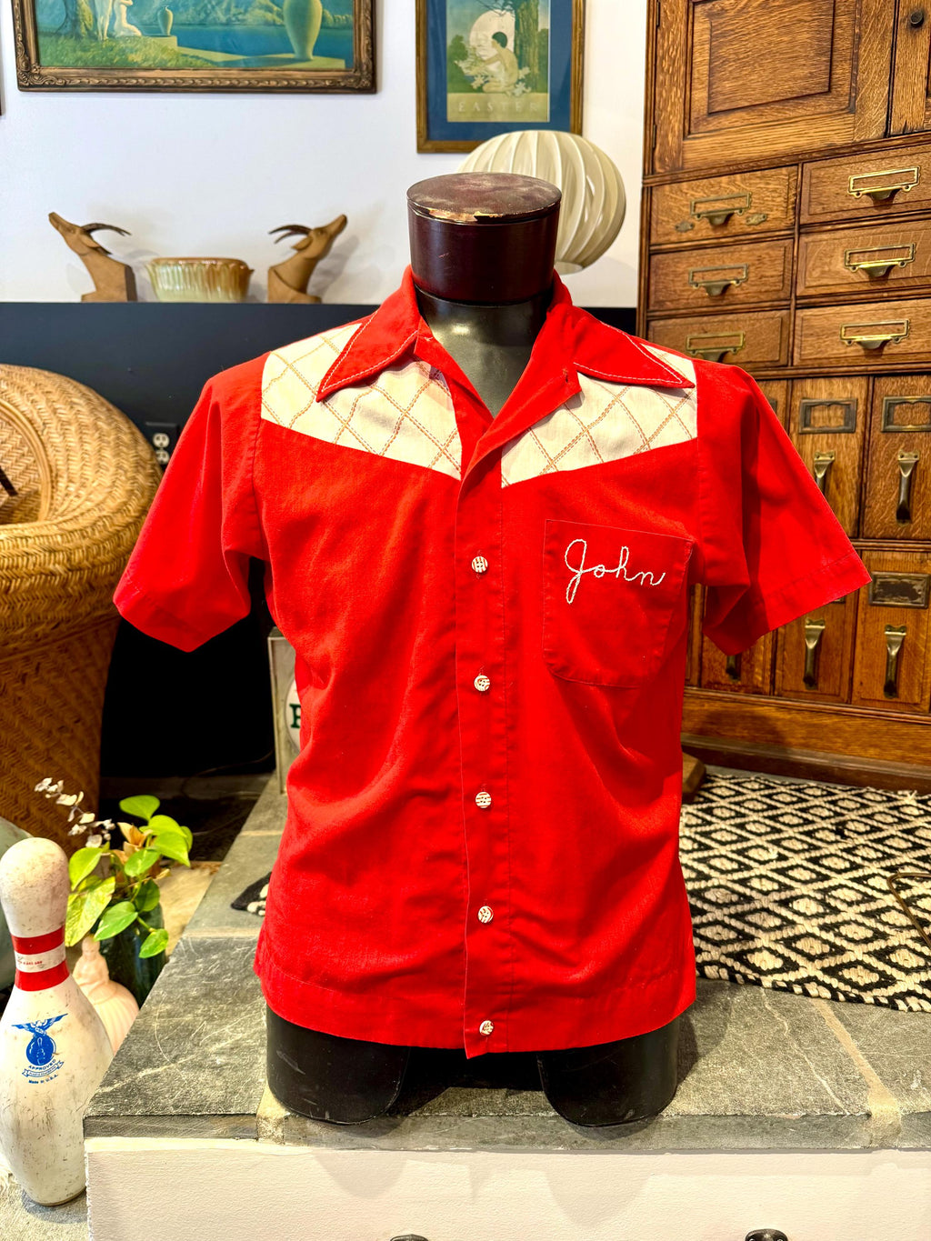 Vtg Embroidered Bowling Club Shirt | Red and White 50's Bowling Shirt | King Louie Bowling Shirt (M) John's Shirt | Chain Stitched Shirt