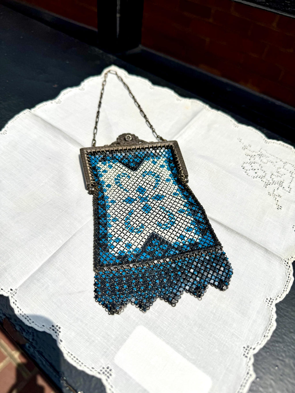 Early 1920's Mandalian Mesh Flapper Purse | Black and White Metal Mesh Purse | Ornate Floral Latch Mandalian Mesh Purse