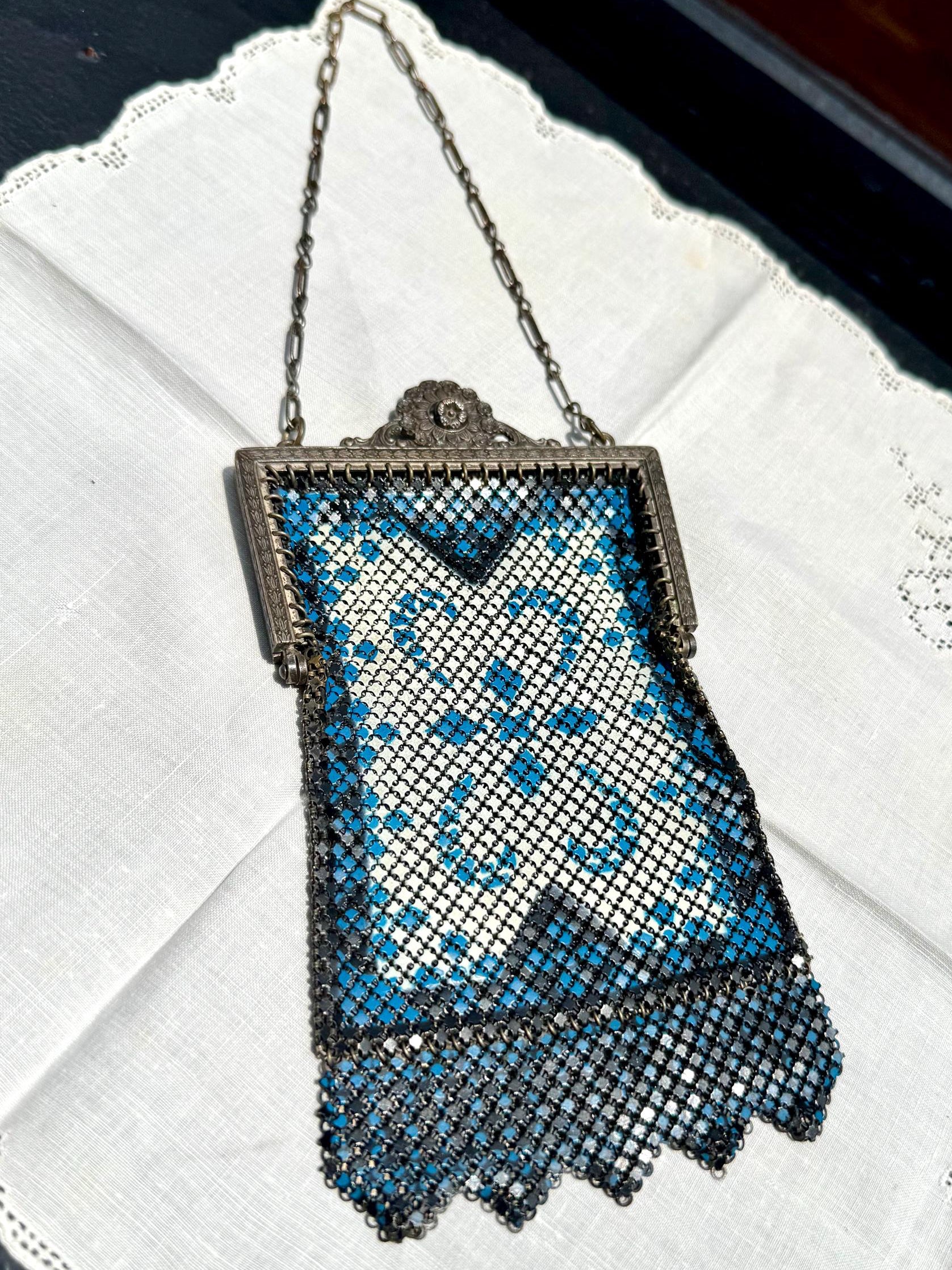 Early 1920's Mandalian Mesh Flapper Purse | Black and White Metal Mesh Purse | Ornate Floral Latch Mandalian Mesh Purse