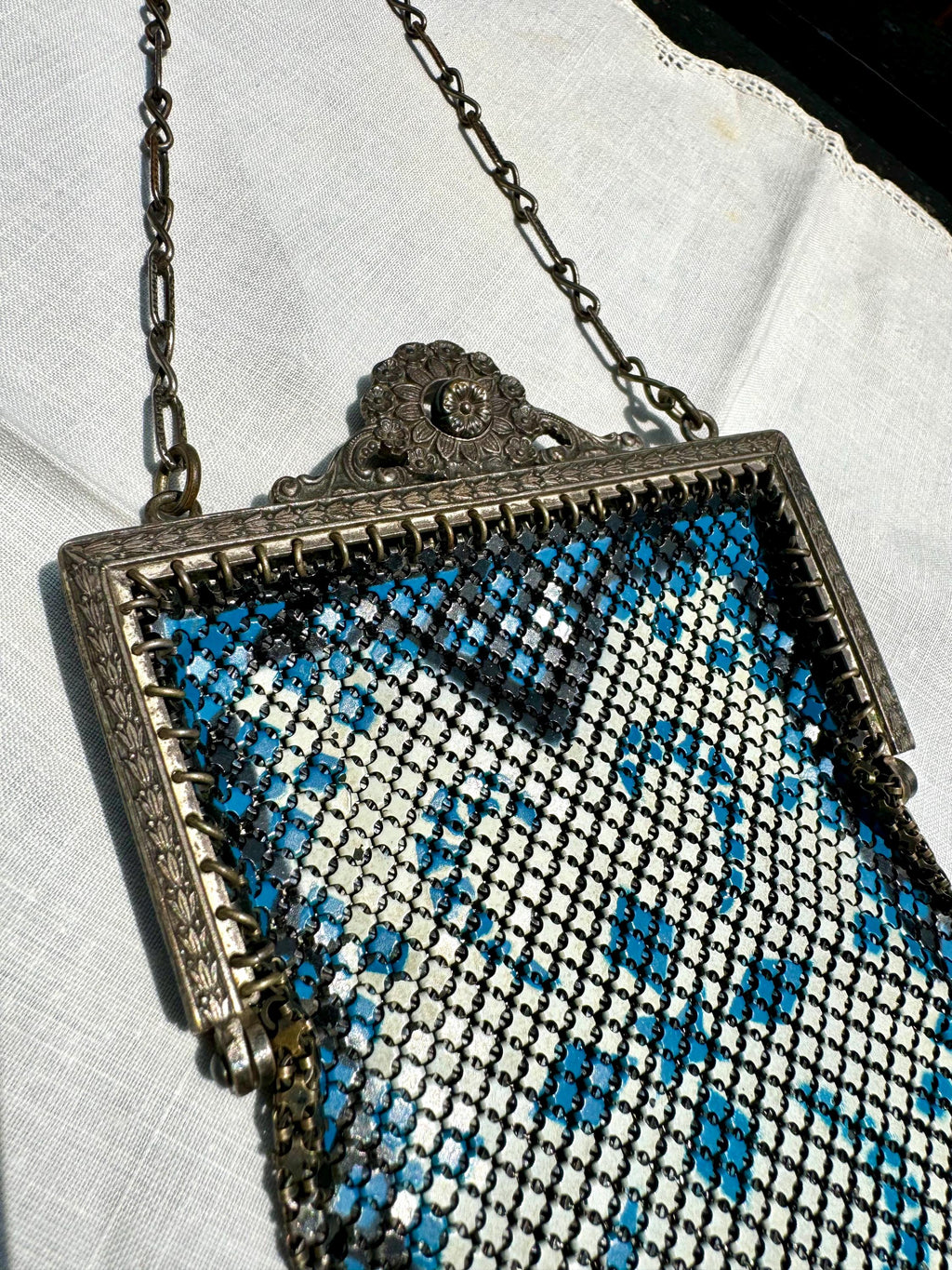 Early 1920's Mandalian Mesh Flapper Purse | Black and White Metal Mesh Purse | Ornate Floral Latch Mandalian Mesh Purse