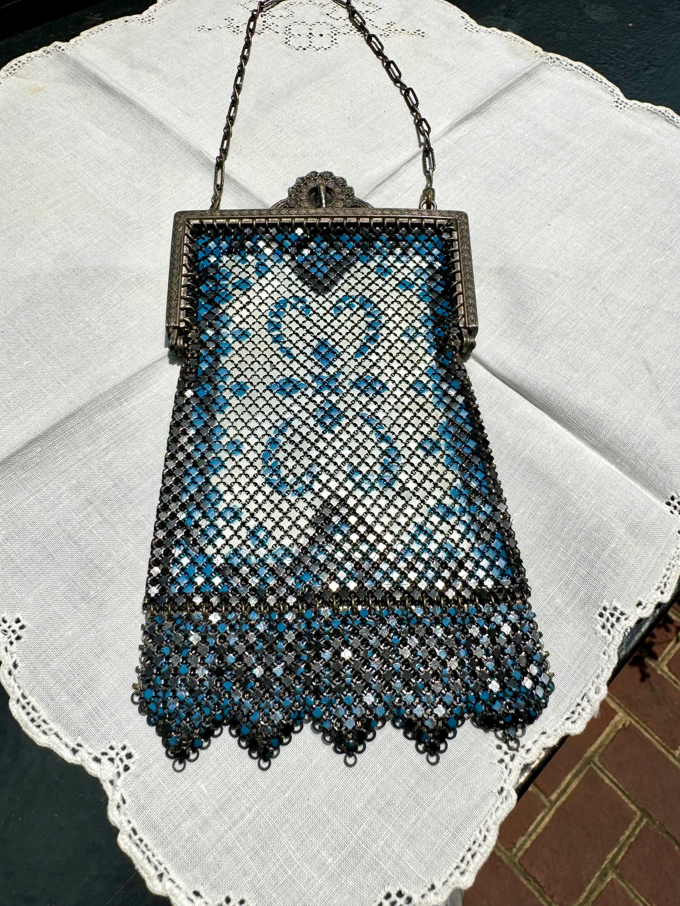Early 1920's Mandalian Mesh Flapper Purse | Black and White Metal Mesh Purse | Ornate Floral Latch Mandalian Mesh Purse
