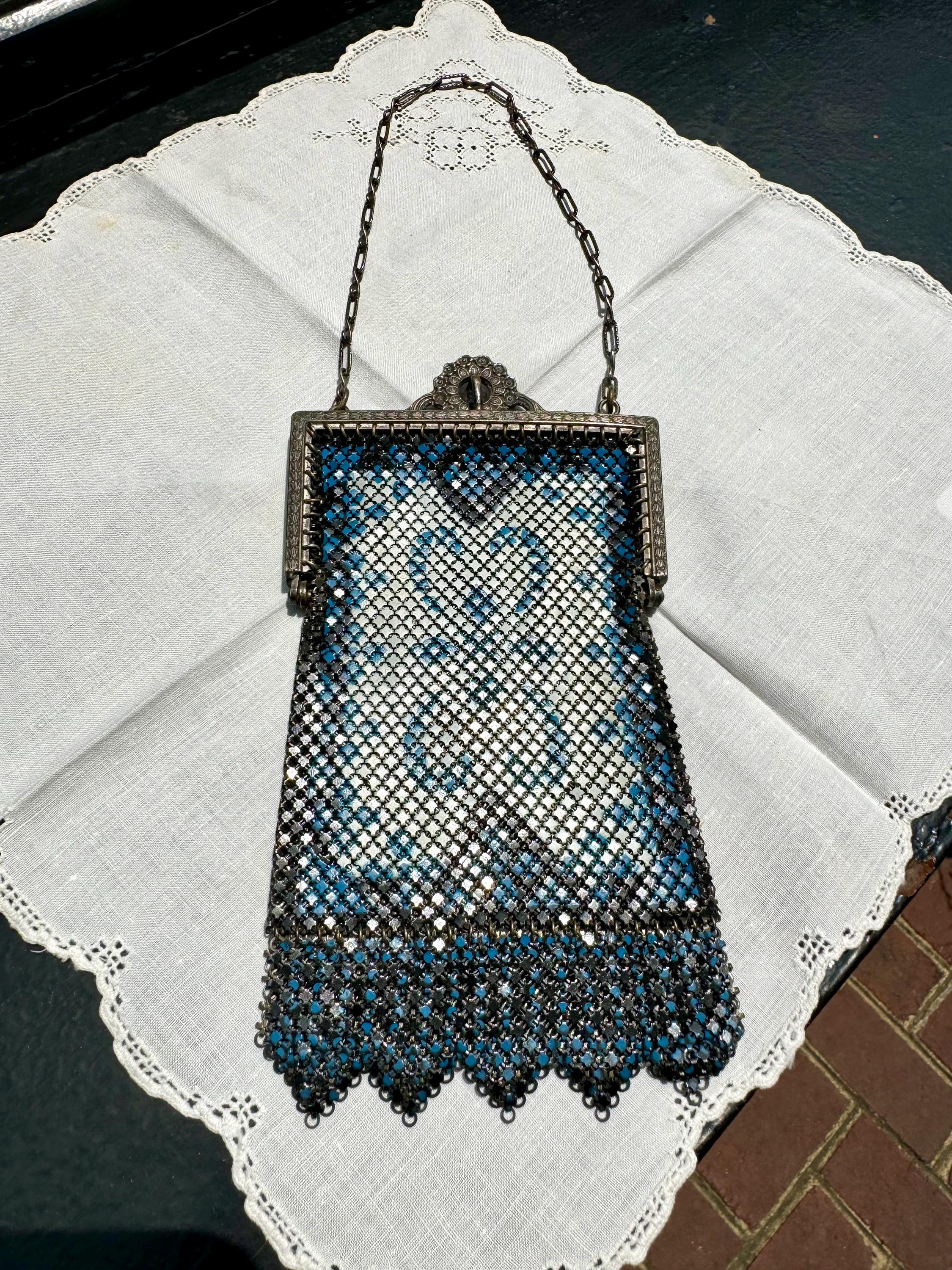 Early 1920's Mandalian Mesh Flapper Purse | Black and White Metal Mesh Purse | Ornate Floral Latch Mandalian Mesh Purse