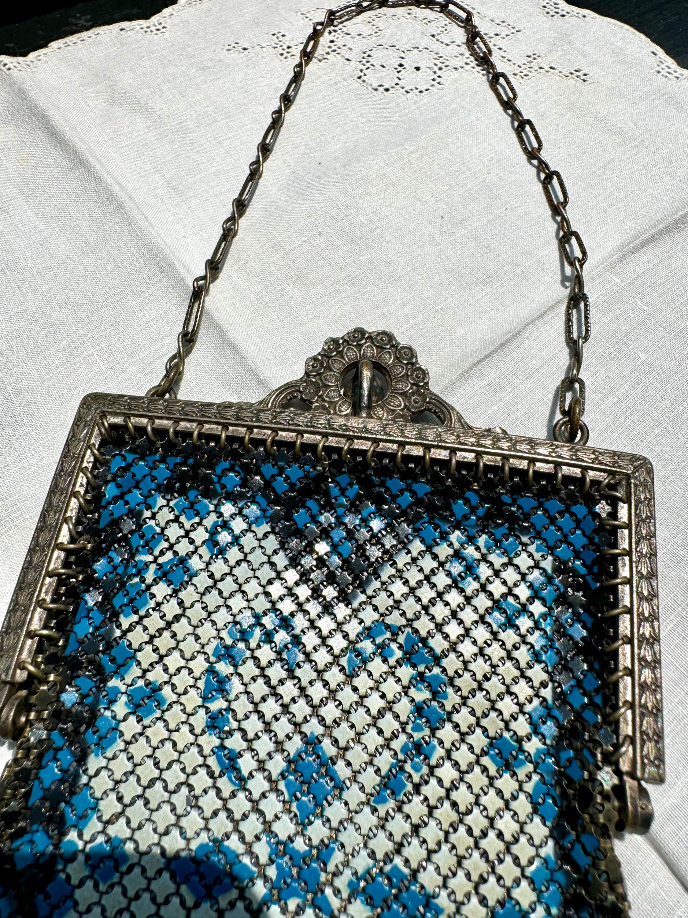 Early 1920's Mandalian Mesh Flapper Purse | Black and White Metal Mesh Purse | Ornate Floral Latch Mandalian Mesh Purse