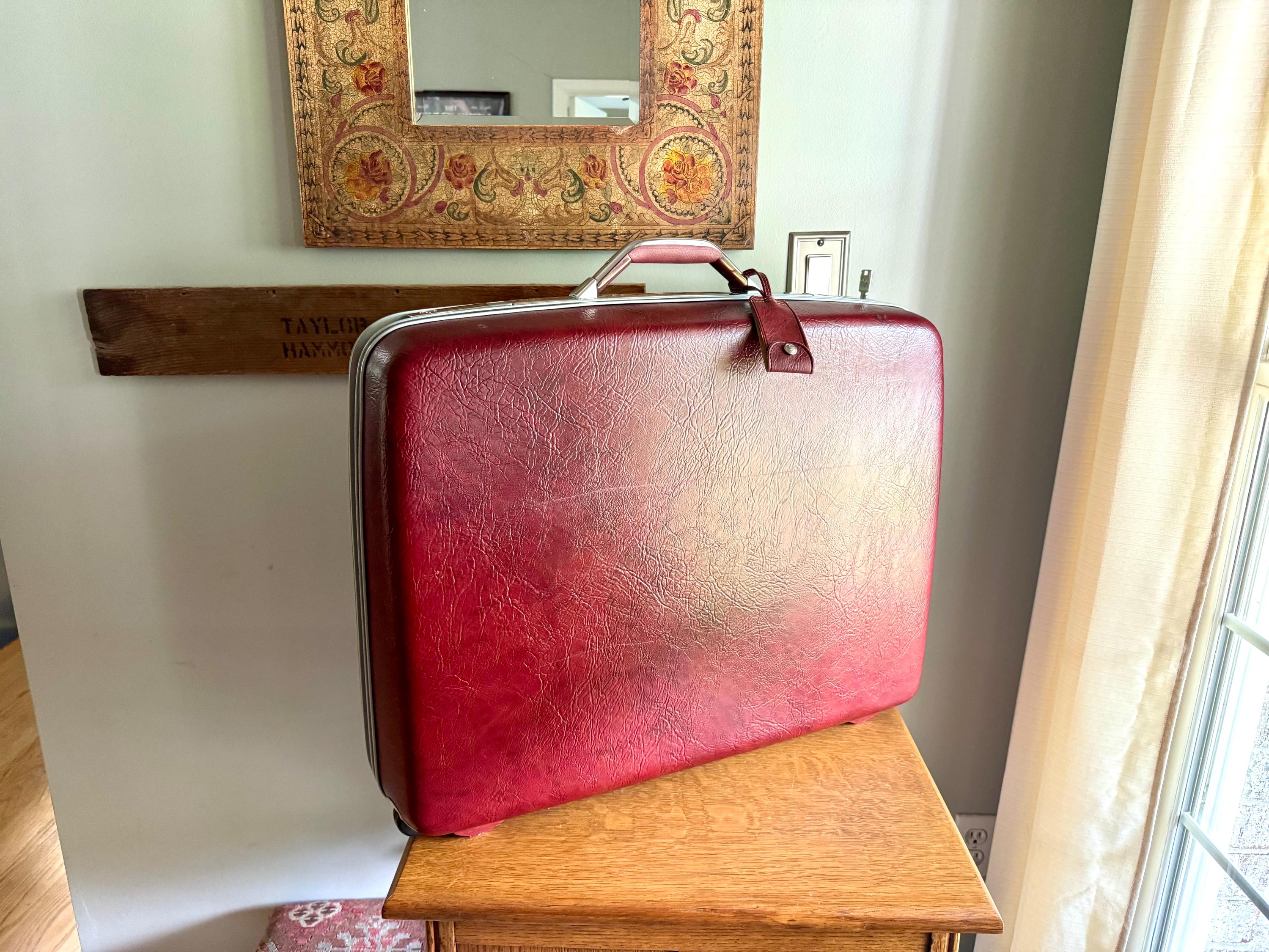 Samsonite Hardshell Suitcase with Key | 70's Retro Luggage | Large Maroon Hard Case Suitcase on Wheels | Rolling Mid Century Luggage