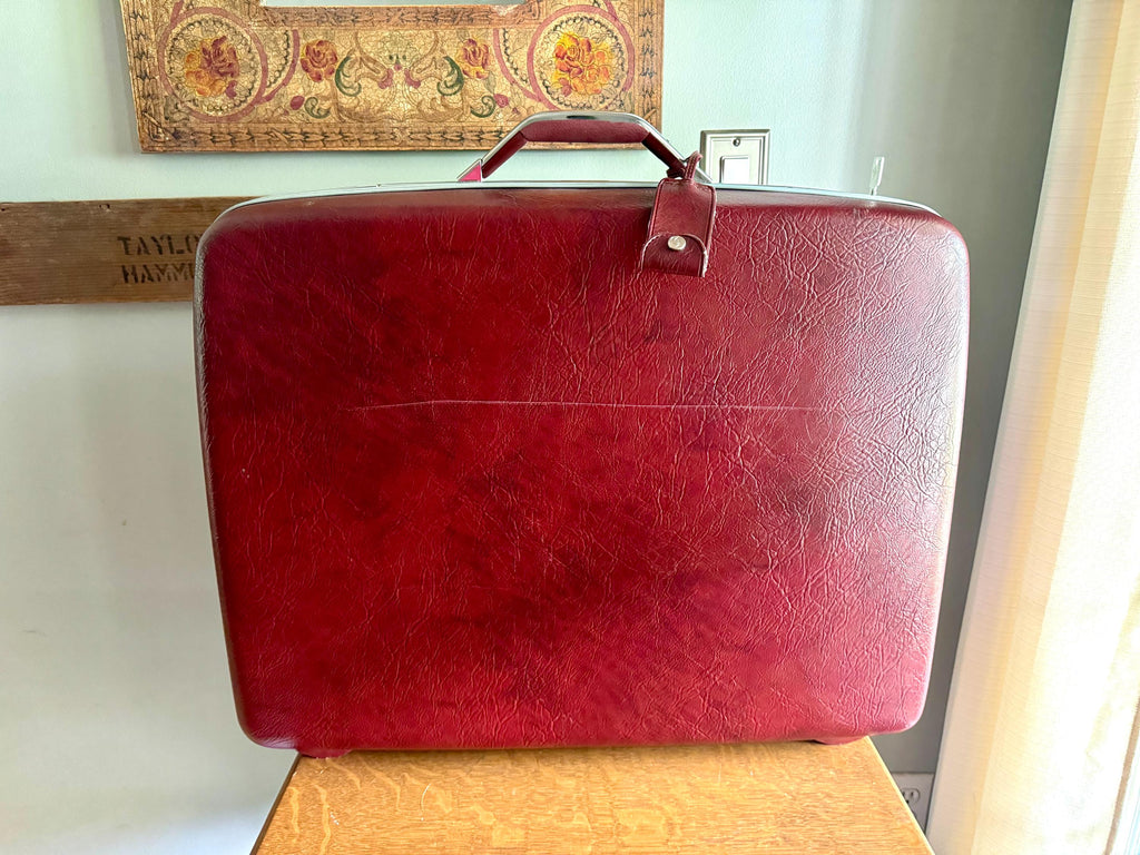 Samsonite Hardshell Suitcase with Key | 70's Retro Luggage | Large Maroon Hard Case Suitcase on Wheels | Rolling Mid Century Luggage