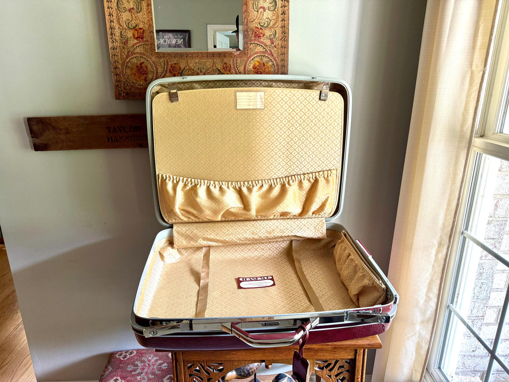 Samsonite Hardshell Suitcase with Key | 70's Retro Luggage | Large Maroon Hard Case Suitcase on Wheels | Rolling Mid Century Luggage