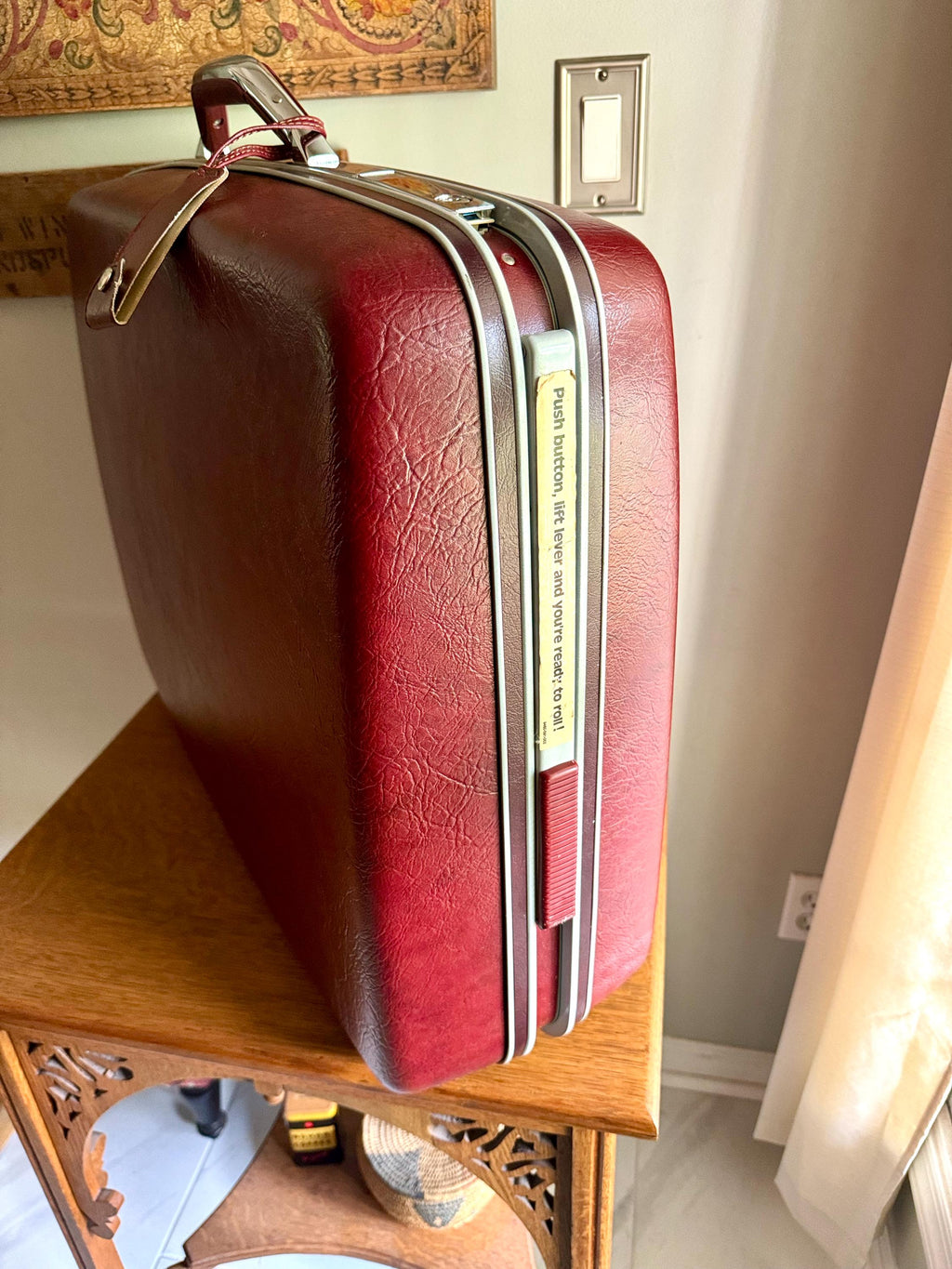 Samsonite Hardshell Suitcase with Key | 70's Retro Luggage | Large Maroon Hard Case Suitcase on Wheels | Rolling Mid Century Luggage