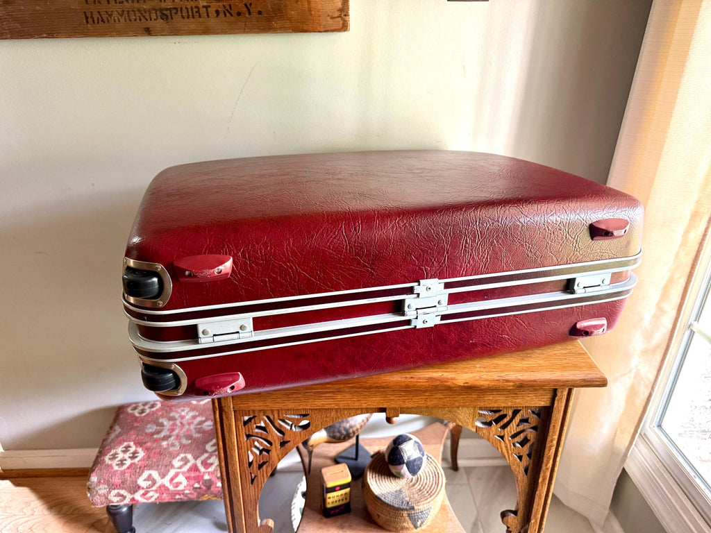 Samsonite Hardshell Suitcase with Key | 70's Retro Luggage | Large Maroon Hard Case Suitcase on Wheels | Rolling Mid Century Luggage