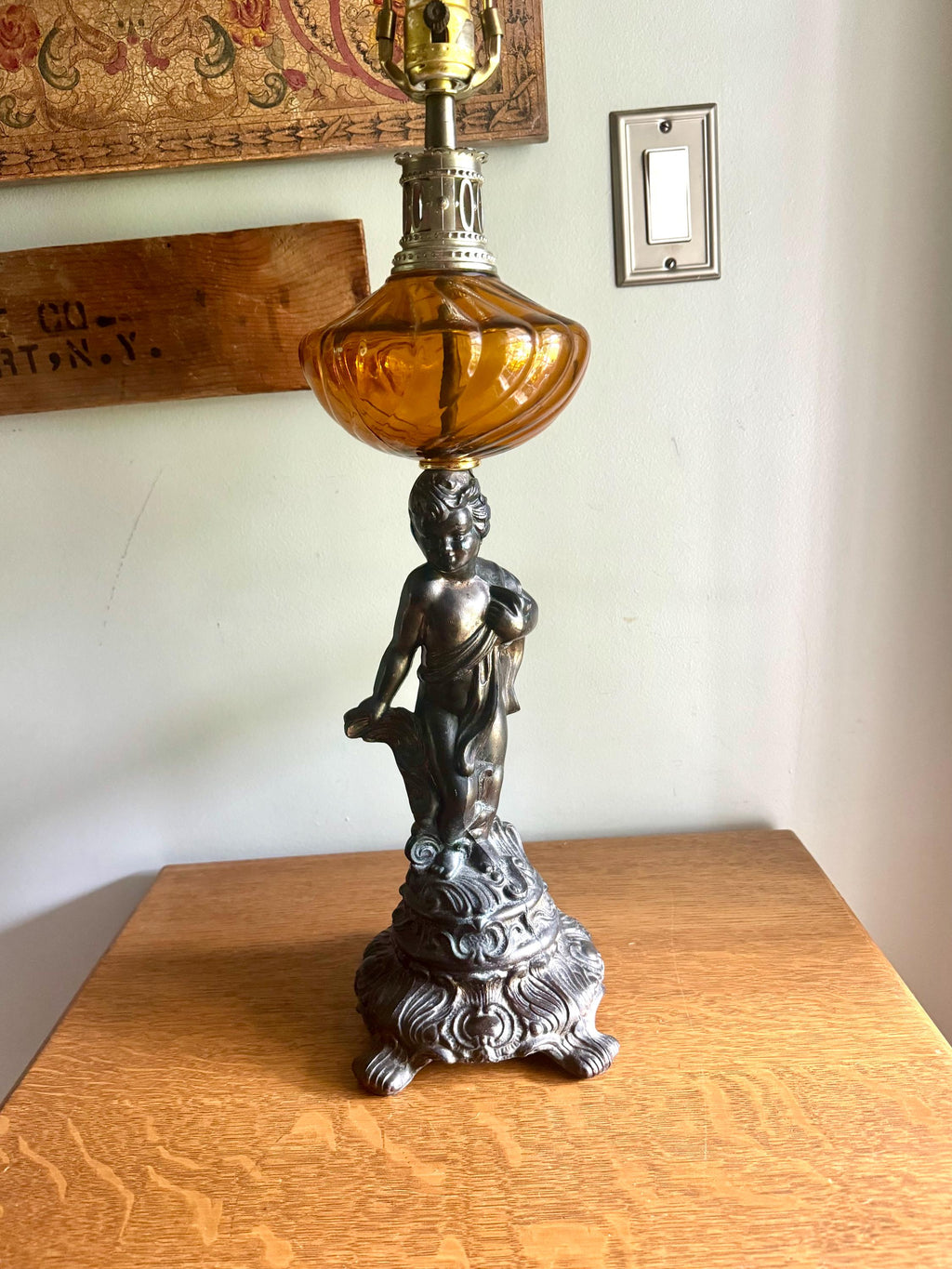 Brass Cherub and Amber Glass Lamp | Vintage Cherub Figurine Lamp | Art Nouveau Cherub Lamp | Hollywood Regency Cherub Lamp