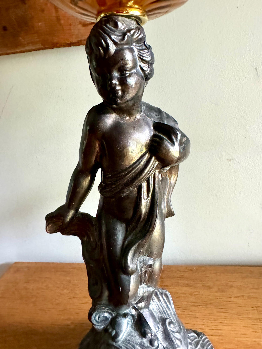 Brass Cherub and Amber Glass Lamp | Vintage Cherub Figurine Lamp | Art Nouveau Cherub Lamp | Hollywood Regency Cherub Lamp