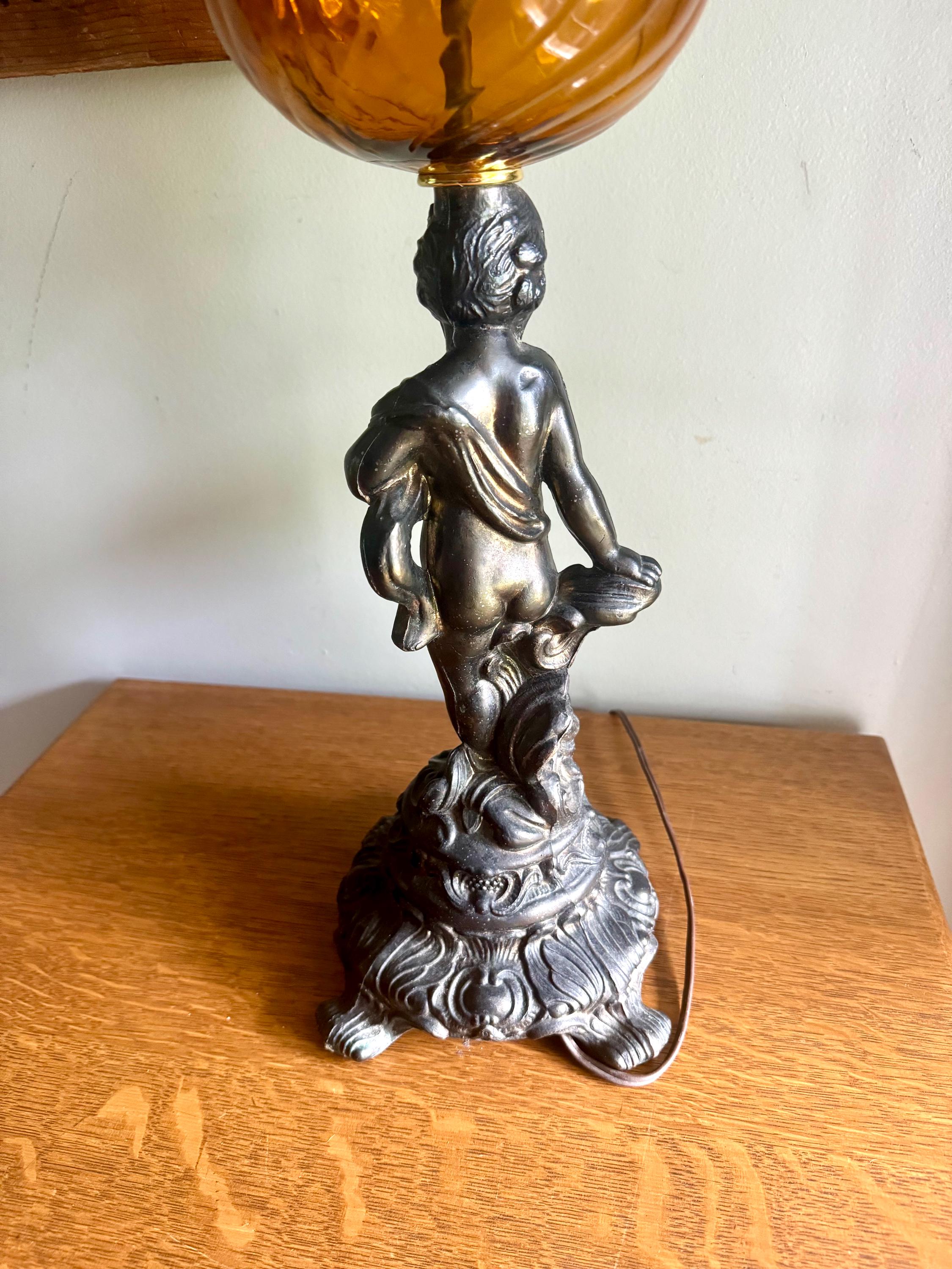Brass Cherub and Amber Glass Lamp | Vintage Cherub Figurine Lamp | Art Nouveau Cherub Lamp | Hollywood Regency Cherub Lamp