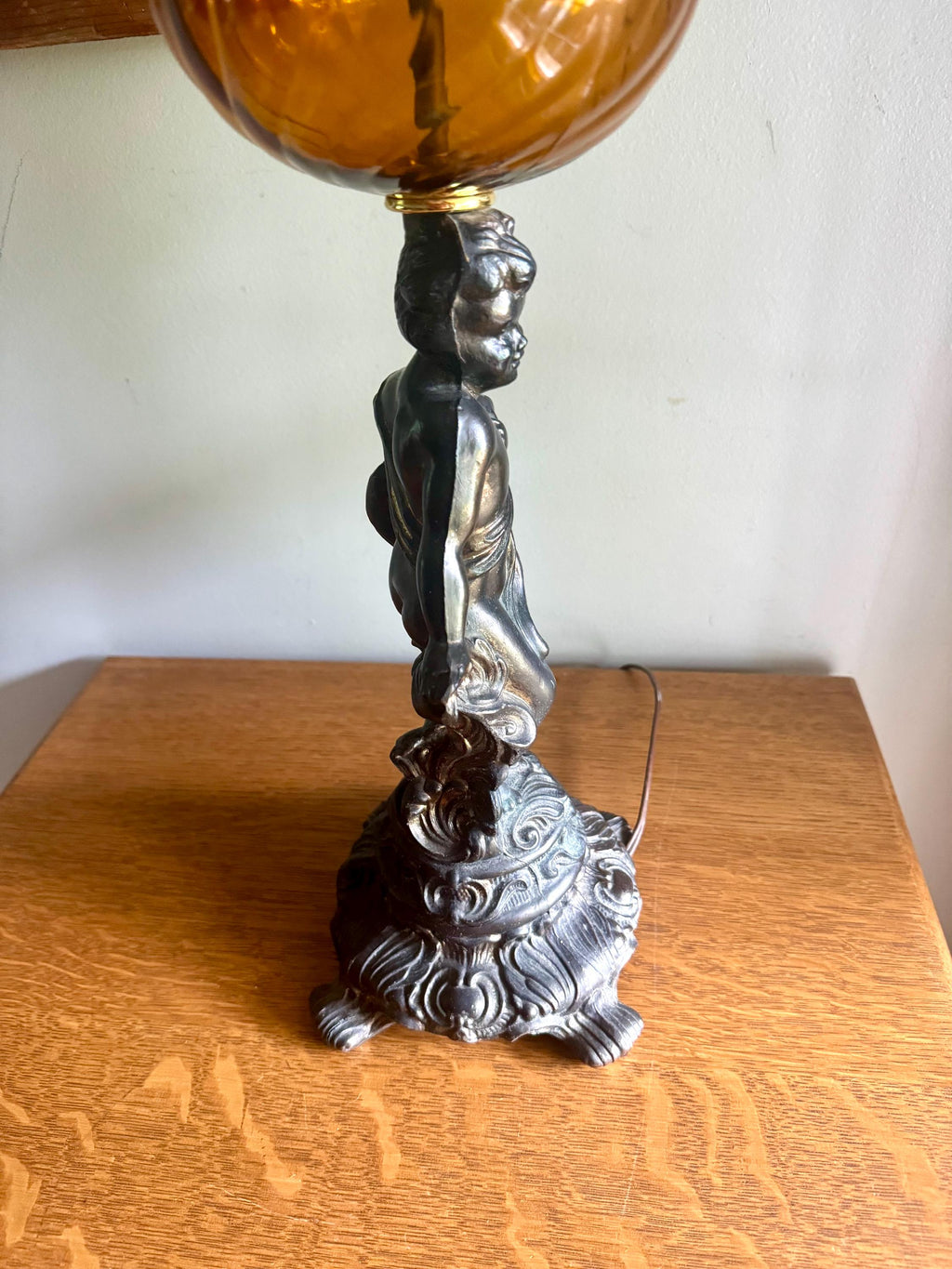 Brass Cherub and Amber Glass Lamp | Vintage Cherub Figurine Lamp | Art Nouveau Cherub Lamp | Hollywood Regency Cherub Lamp