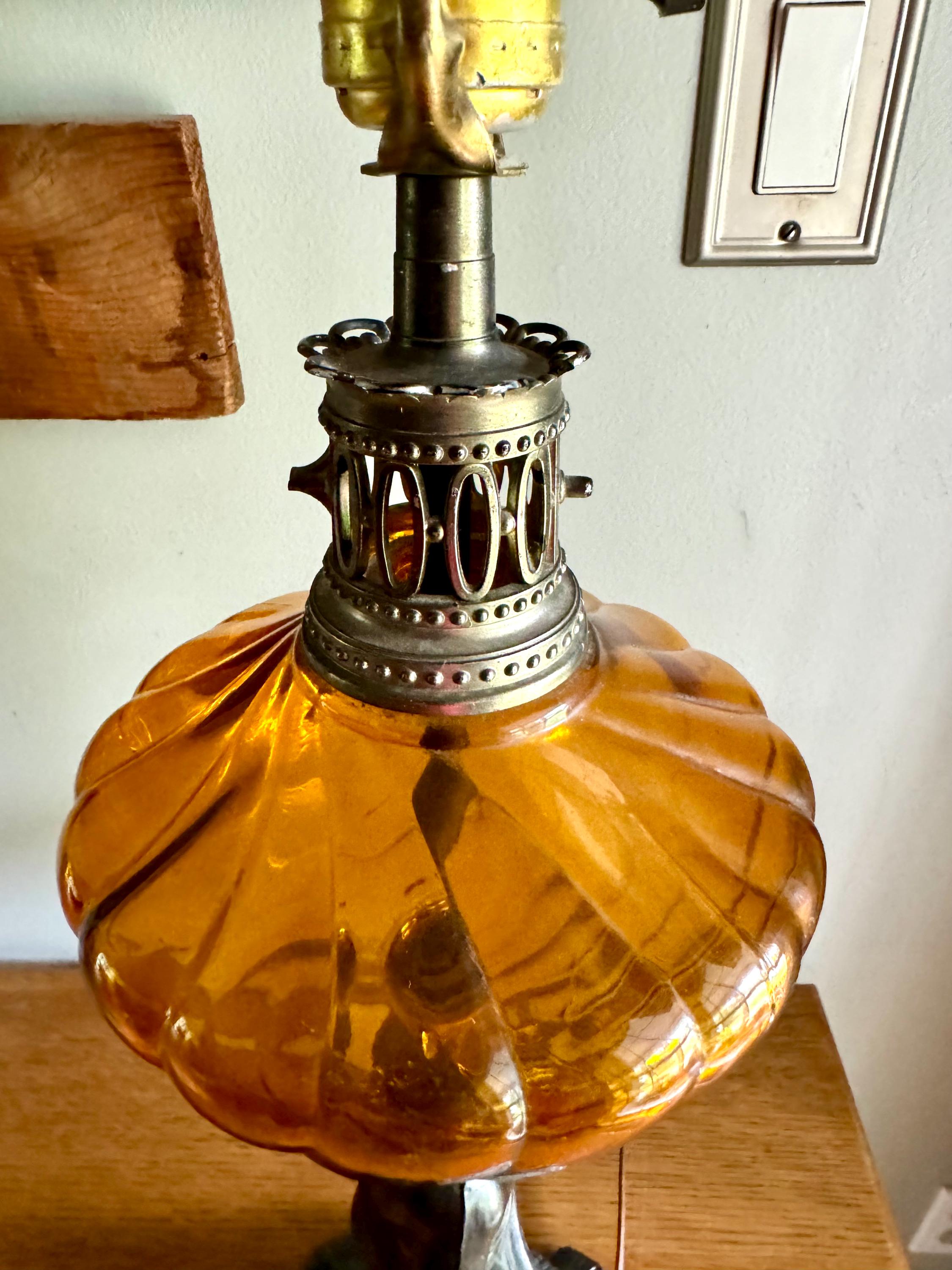 Brass Cherub and Amber Glass Lamp | Vintage Cherub Figurine Lamp | Art Nouveau Cherub Lamp | Hollywood Regency Cherub Lamp