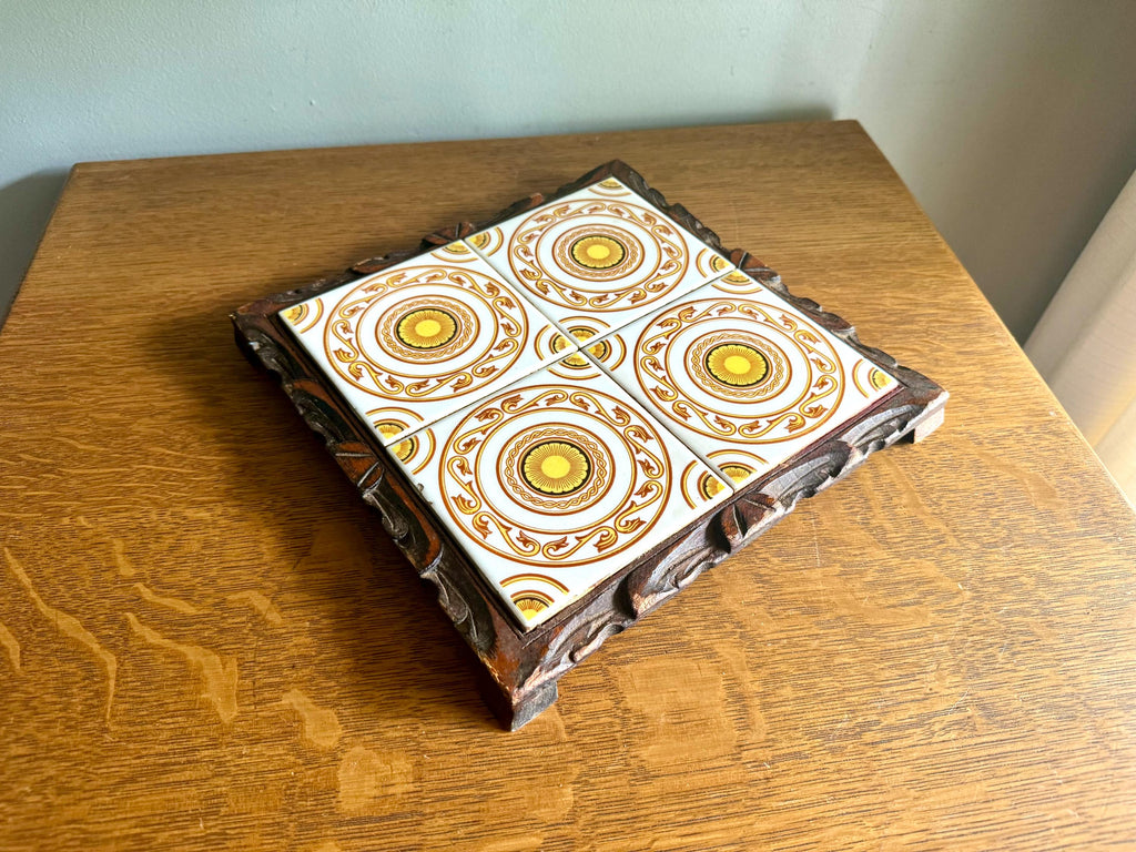 Mexican Tile Square Trivet | Vintage Dal-Tile Tile Trivet Tray | Hand Carved Wood and Mexican Tile Tray | Tile Hot Tray Stand