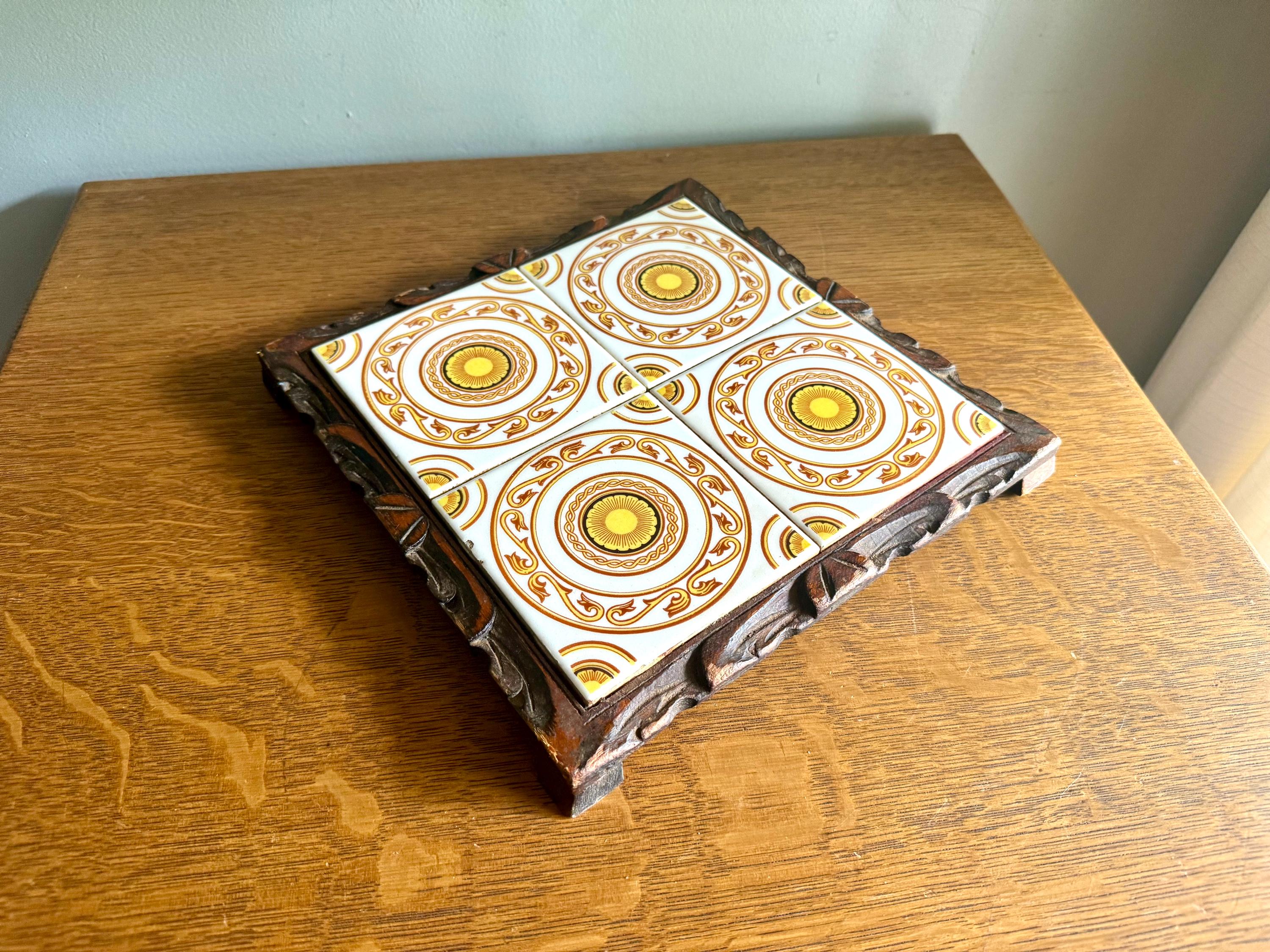Mexican Tile Square Trivet | Vintage Dal-Tile Tile Trivet Tray | Hand Carved Wood and Mexican Tile Tray | Tile Hot Tray Stand