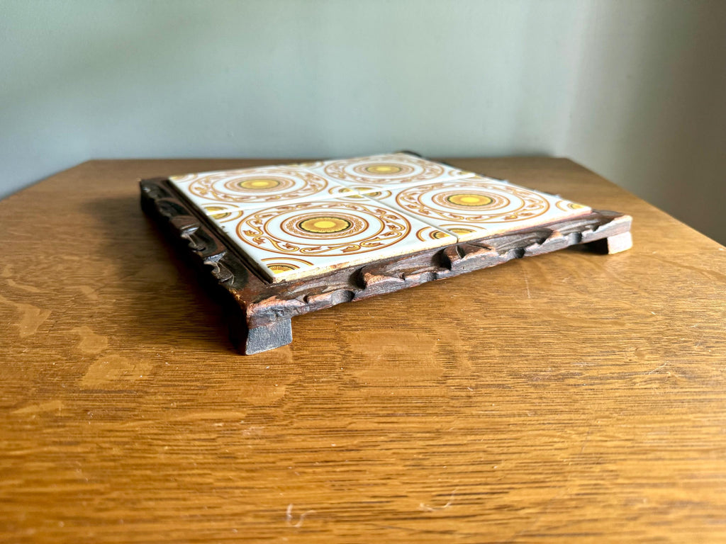 Mexican Tile Square Trivet | Vintage Dal-Tile Tile Trivet Tray | Hand Carved Wood and Mexican Tile Tray | Tile Hot Tray Stand