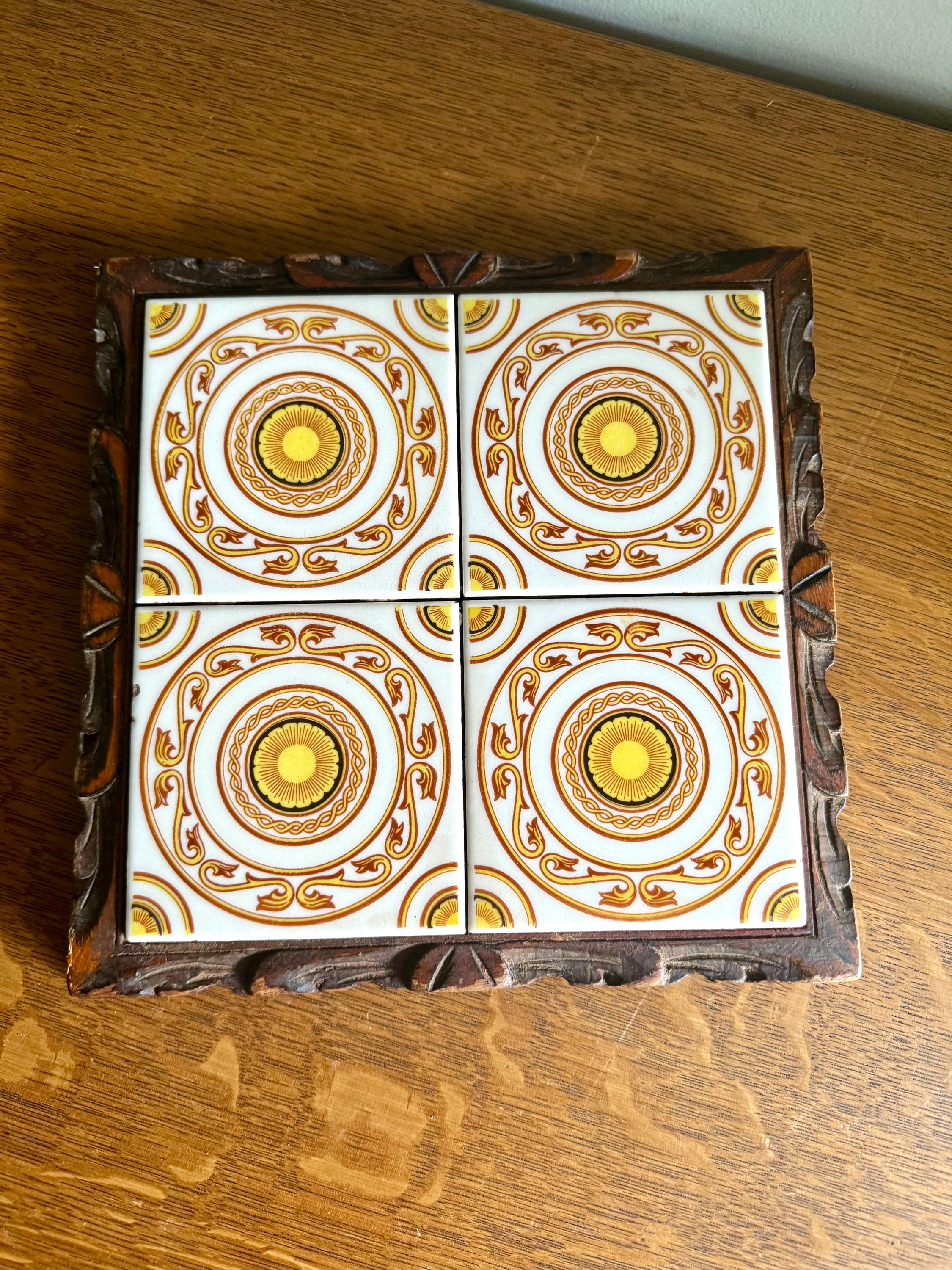 Mexican Tile Square Trivet | Vintage Dal-Tile Tile Trivet Tray | Hand Carved Wood and Mexican Tile Tray | Tile Hot Tray Stand