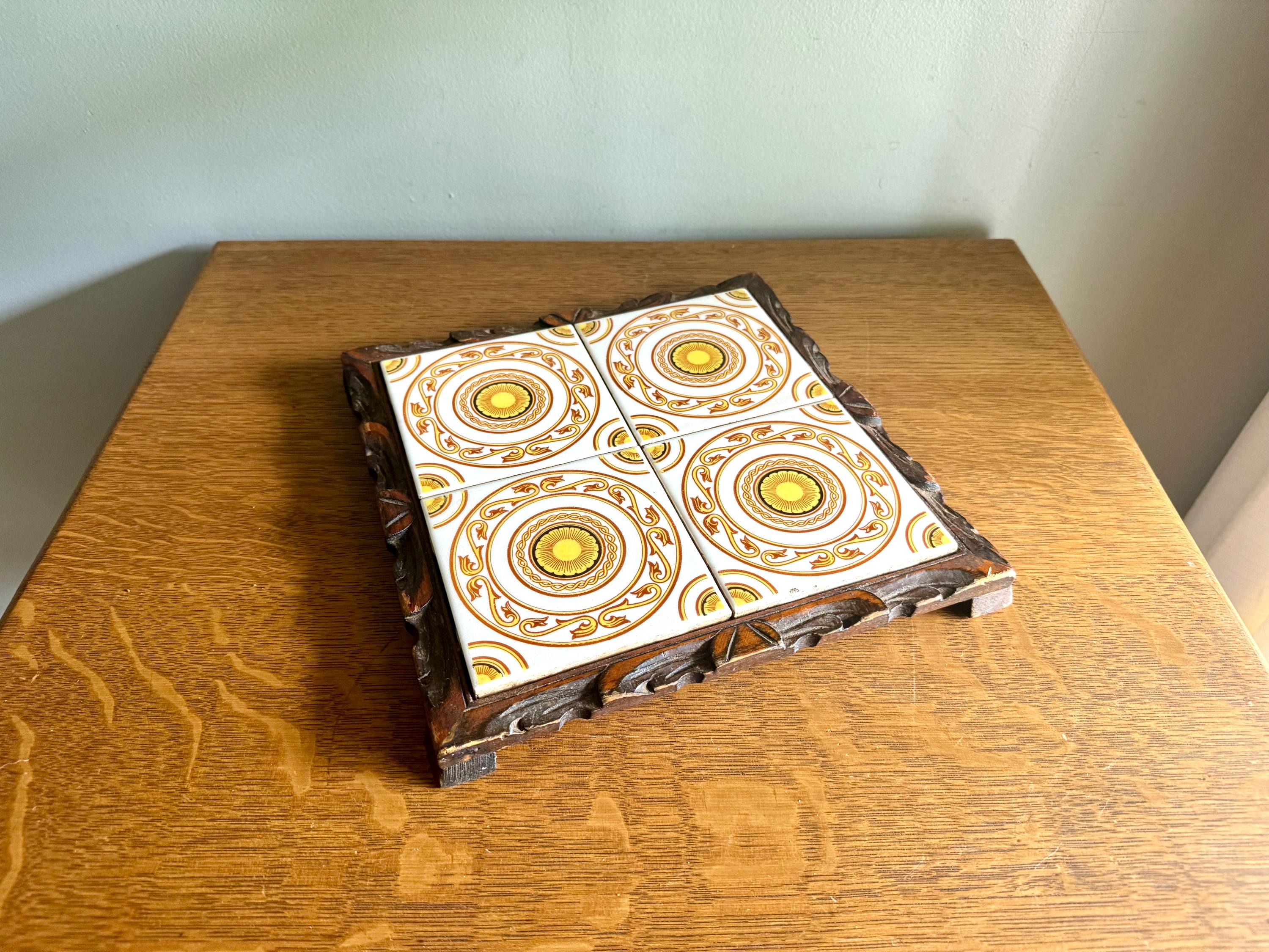Mexican Tile Square Trivet | Vintage Dal-Tile Tile Trivet Tray | Hand Carved Wood and Mexican Tile Tray | Tile Hot Tray Stand