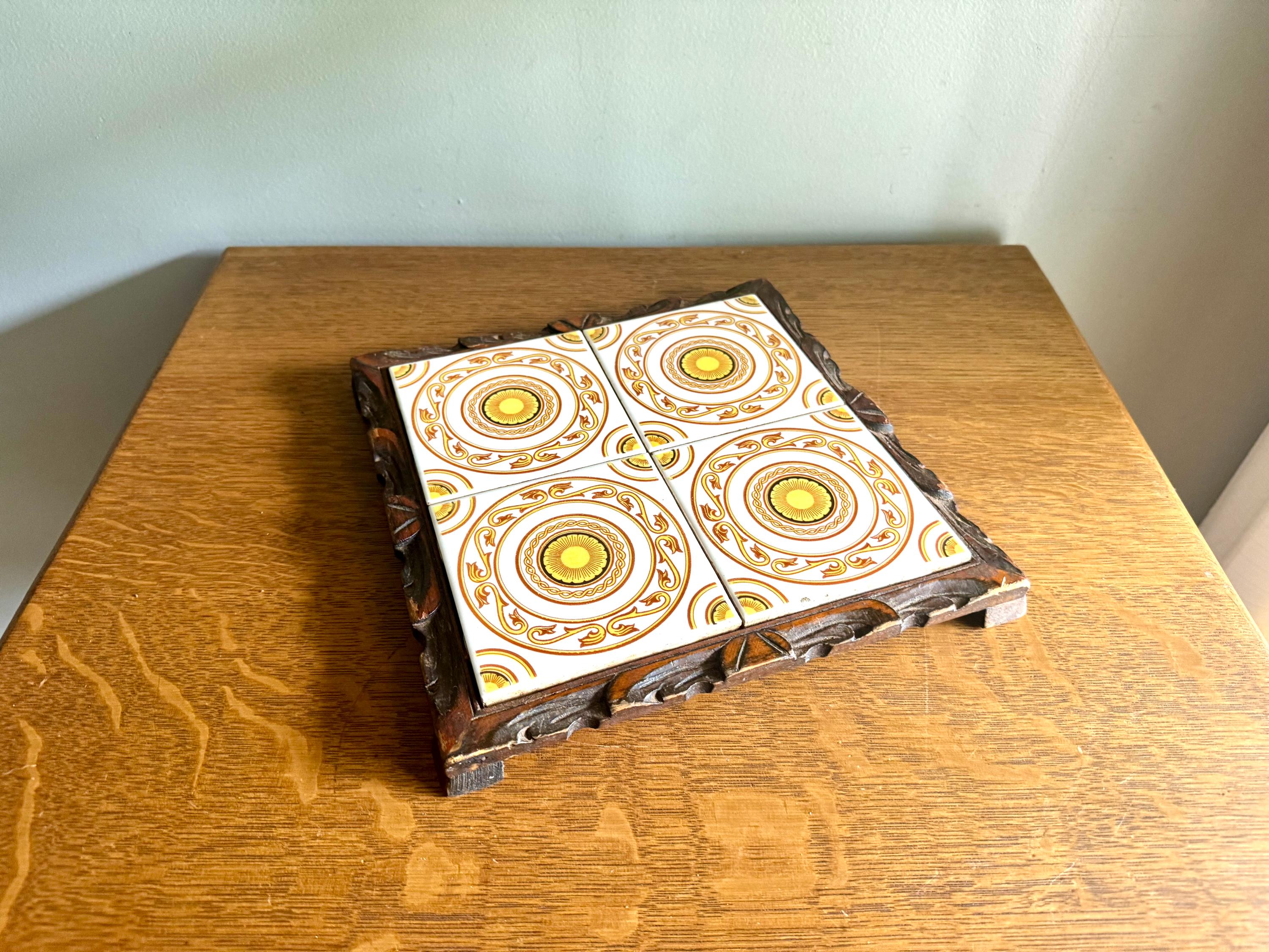 Mexican Tile Square Trivet | Vintage Dal-Tile Tile Trivet Tray | Hand Carved Wood and Mexican Tile Tray | Tile Hot Tray Stand