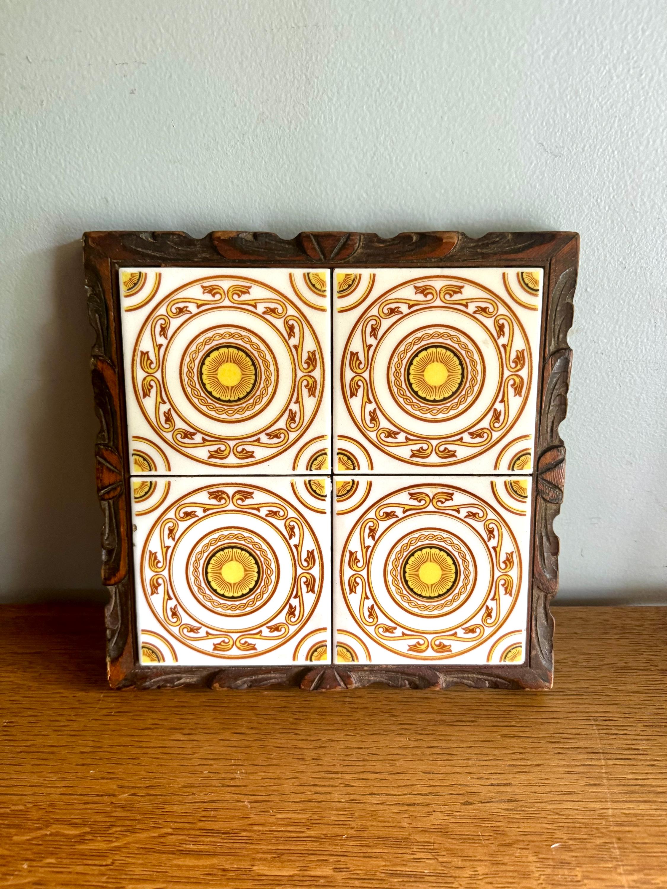 Mexican Tile Square Trivet | Vintage Dal-Tile Tile Trivet Tray | Hand Carved Wood and Mexican Tile Tray | Tile Hot Tray Stand