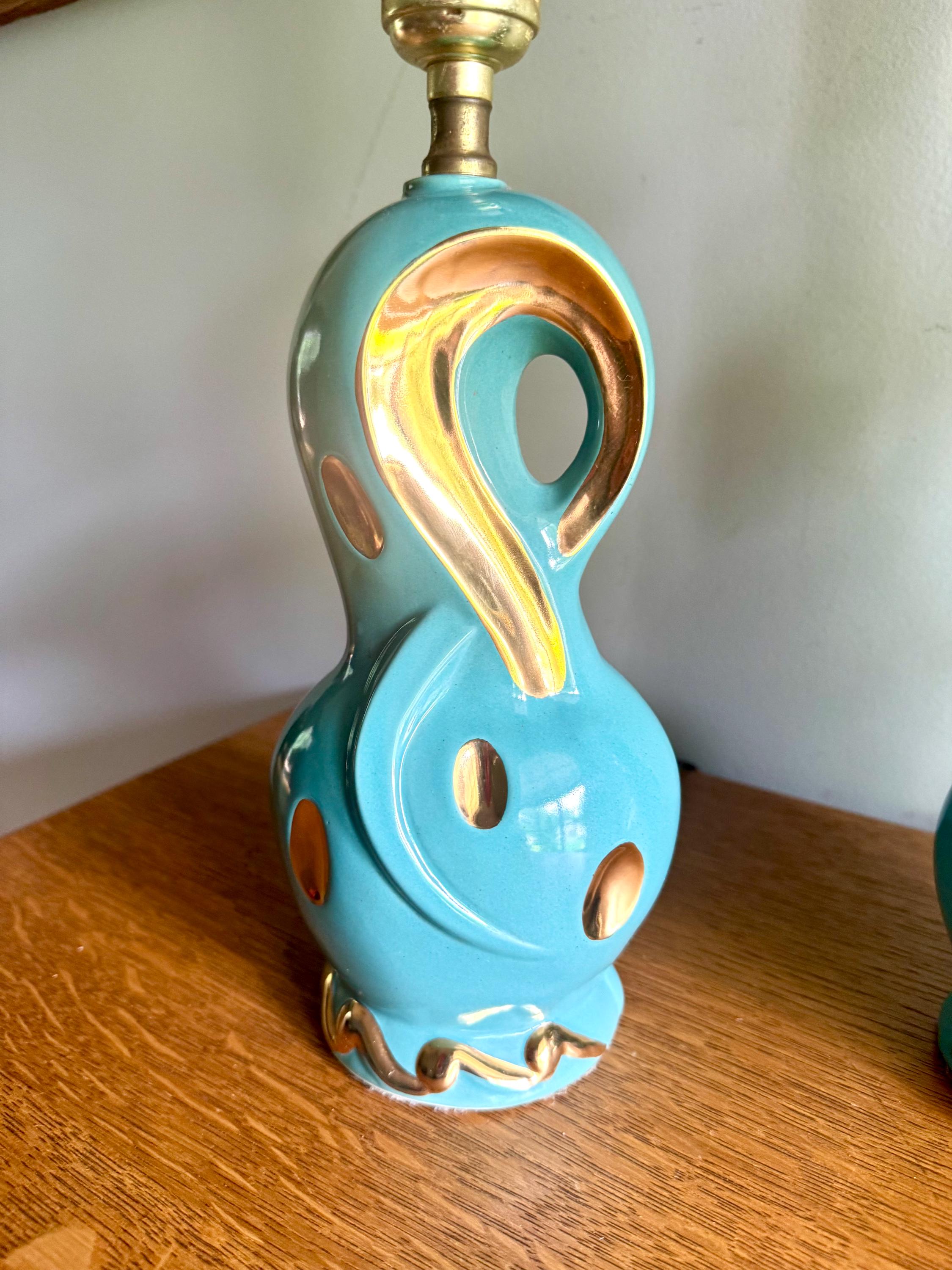 Pair of Small Mid Century Ceramic Lamp | MCM Table Lamps | Vintage Turquoise and Gold Matching Desk Lamps | Art Deco Night Stand Lamps