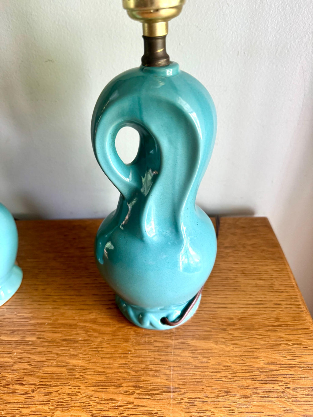 Pair of Small Mid Century Ceramic Lamp | MCM Table Lamps | Vintage Turquoise and Gold Matching Desk Lamps | Art Deco Night Stand Lamps