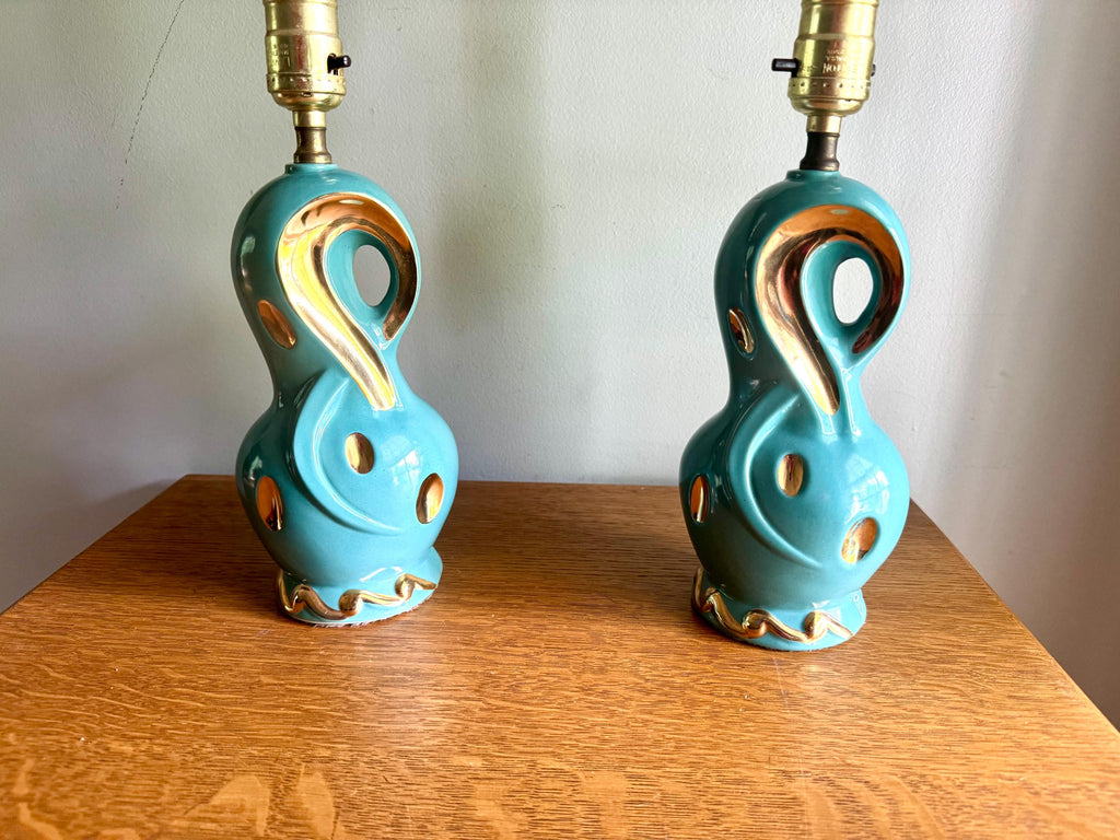 Pair of Small Mid Century Ceramic Lamp | MCM Table Lamps | Vintage Turquoise and Gold Matching Desk Lamps | Art Deco Night Stand Lamps