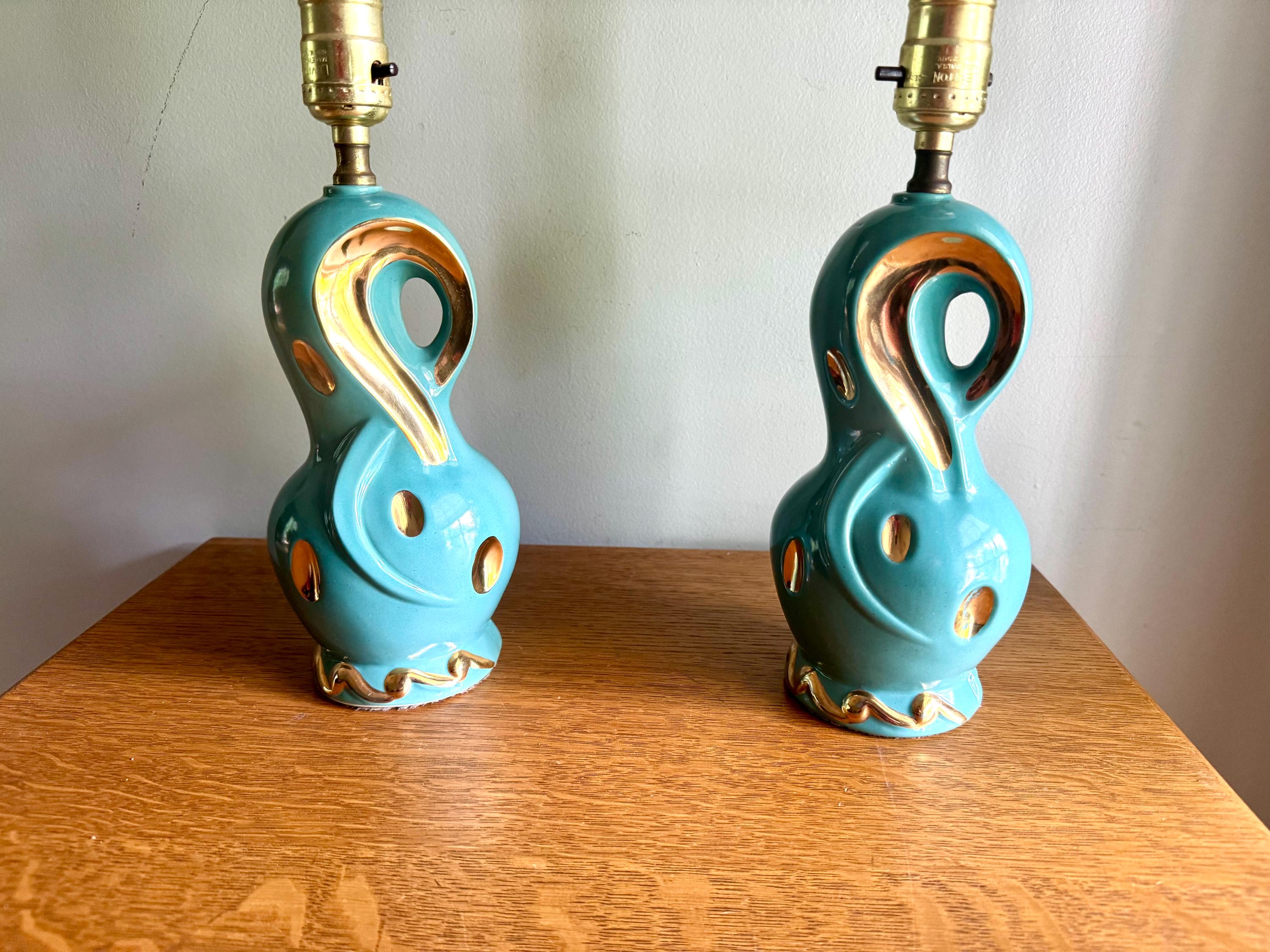 Pair of Small Mid Century Ceramic Lamp | MCM Table Lamps | Vintage Turquoise and Gold Matching Desk Lamps | Art Deco Night Stand Lamps