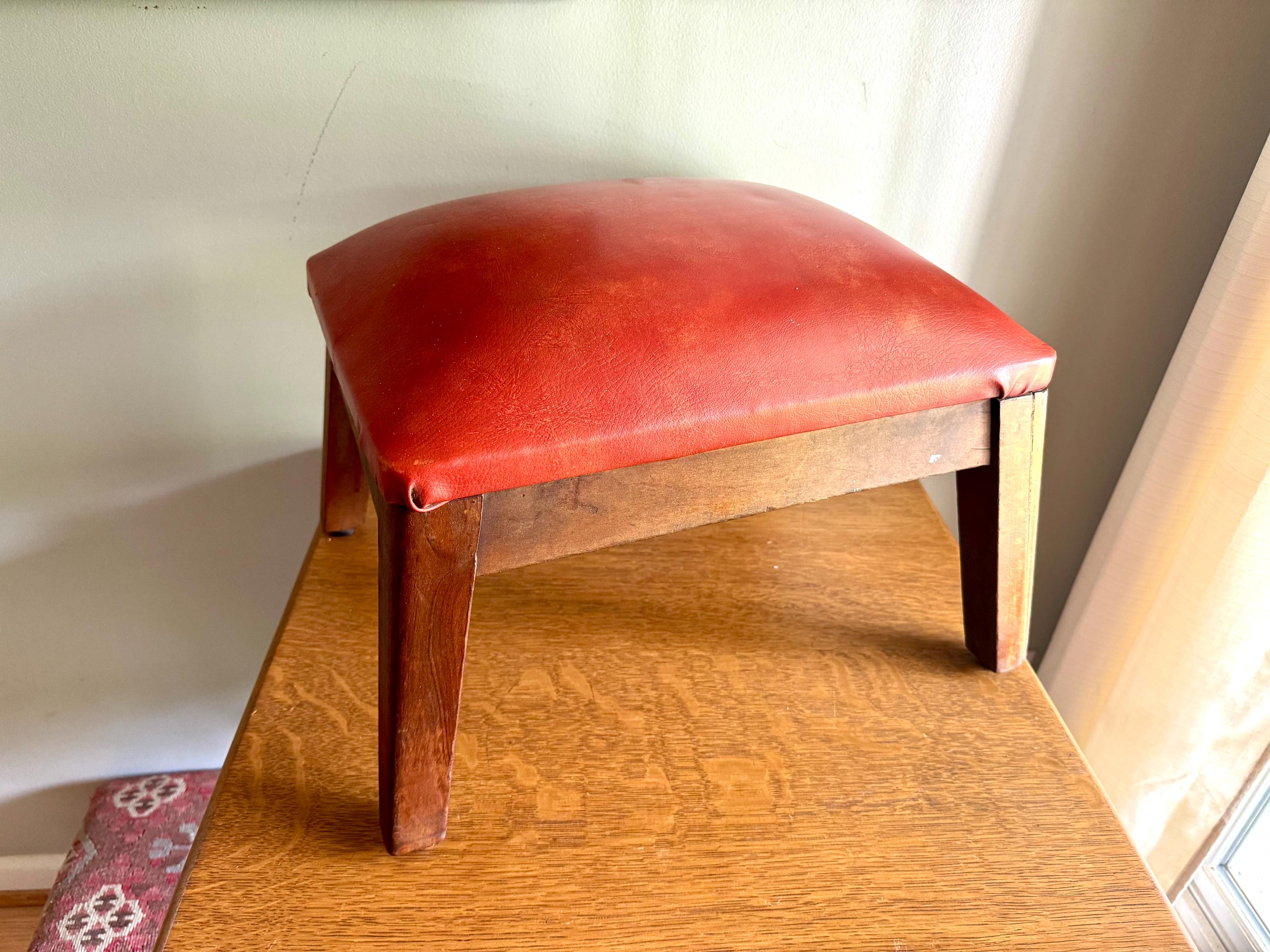 Orange Mid Century Wood Ottoman | Vintage Faux Leather Foot Stool | Rustic Orange Vinyl Ottoman | Distressed Orange Vinyl and Wood Footstool