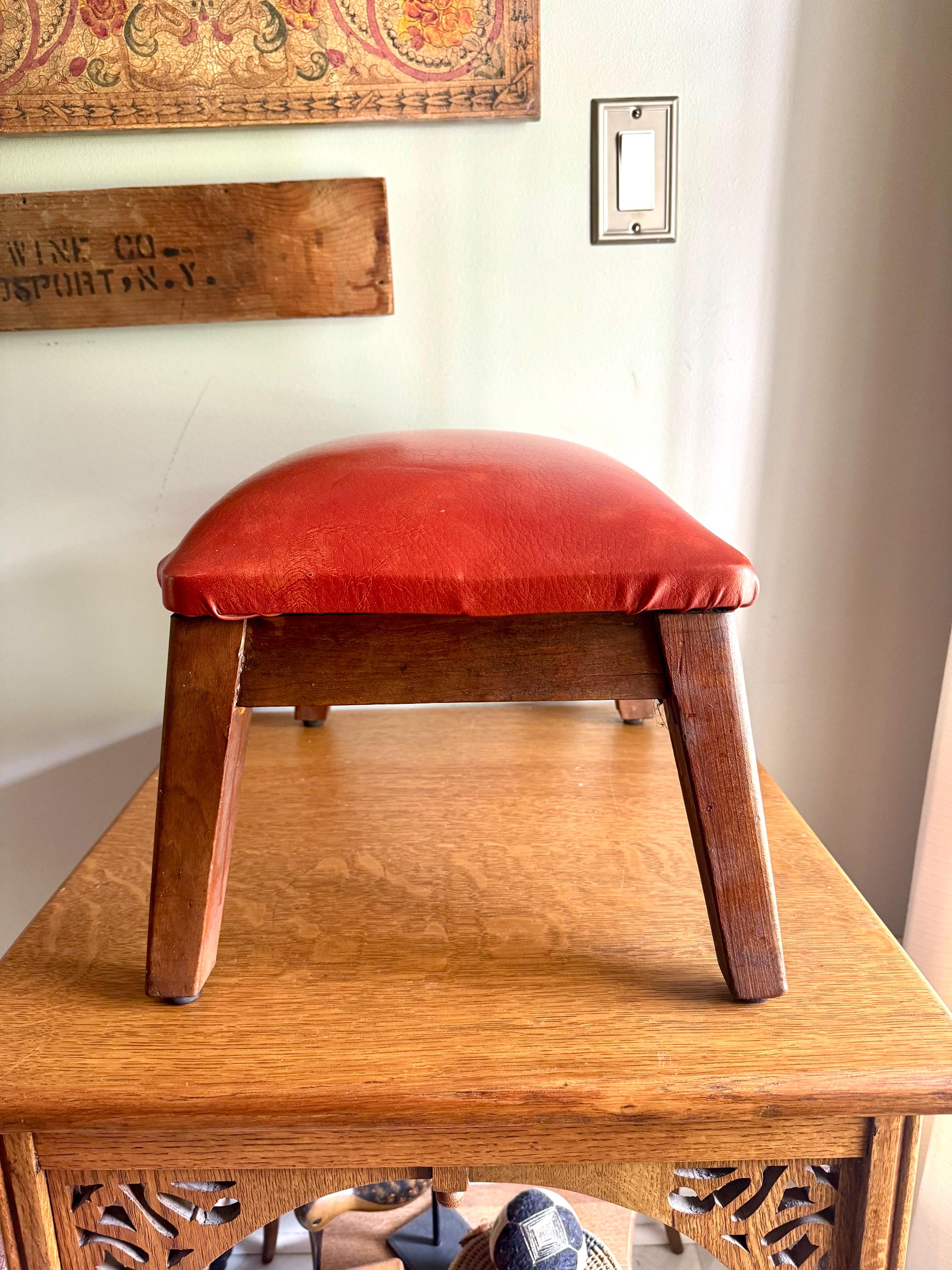Orange Mid Century Wood Ottoman | Vintage Faux Leather Foot Stool | Rustic Orange Vinyl Ottoman | Distressed Orange Vinyl and Wood Footstool