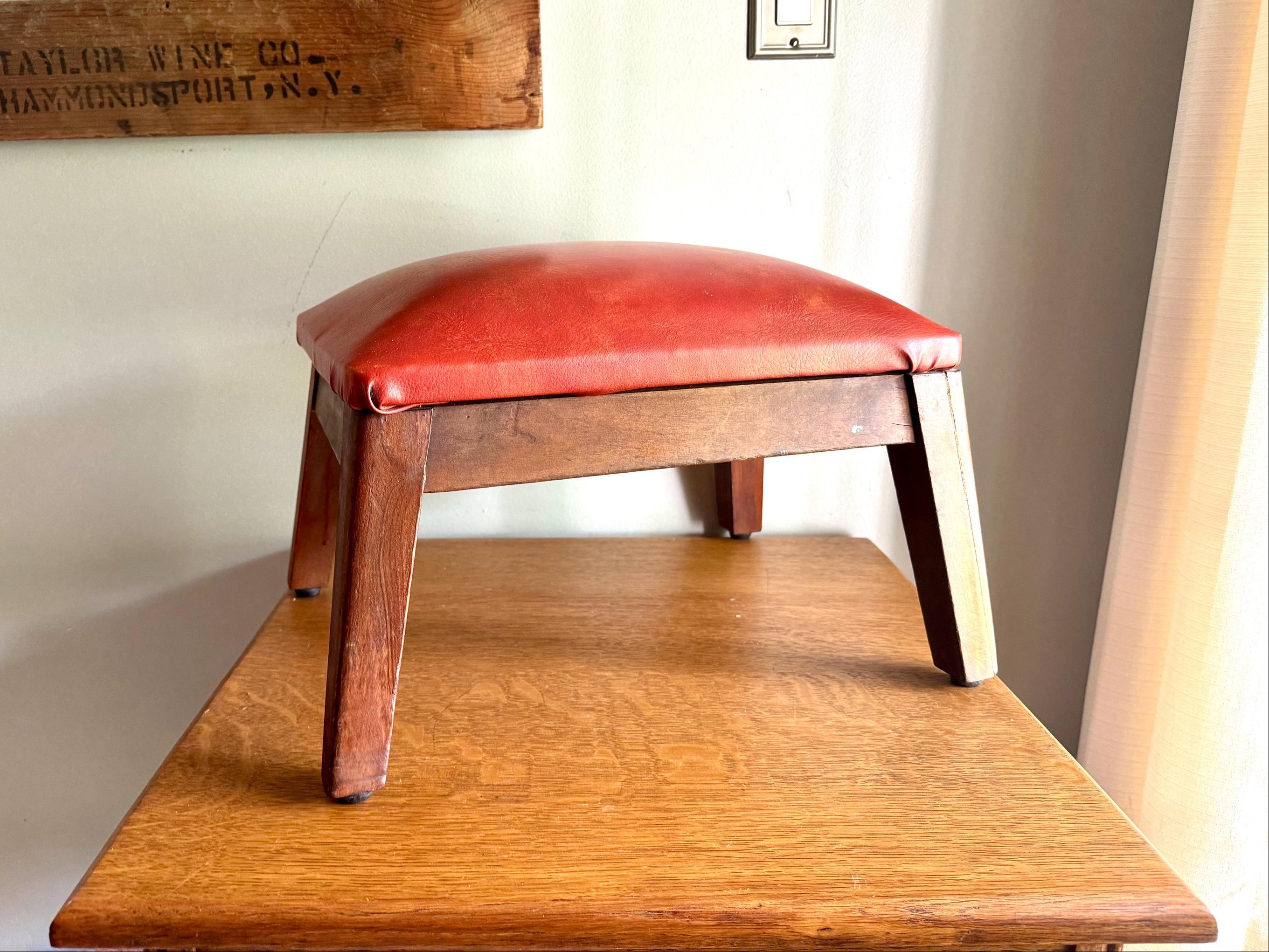 Orange Mid Century Wood Ottoman | Vintage Faux Leather Foot Stool | Rustic Orange Vinyl Ottoman | Distressed Orange Vinyl and Wood Footstool