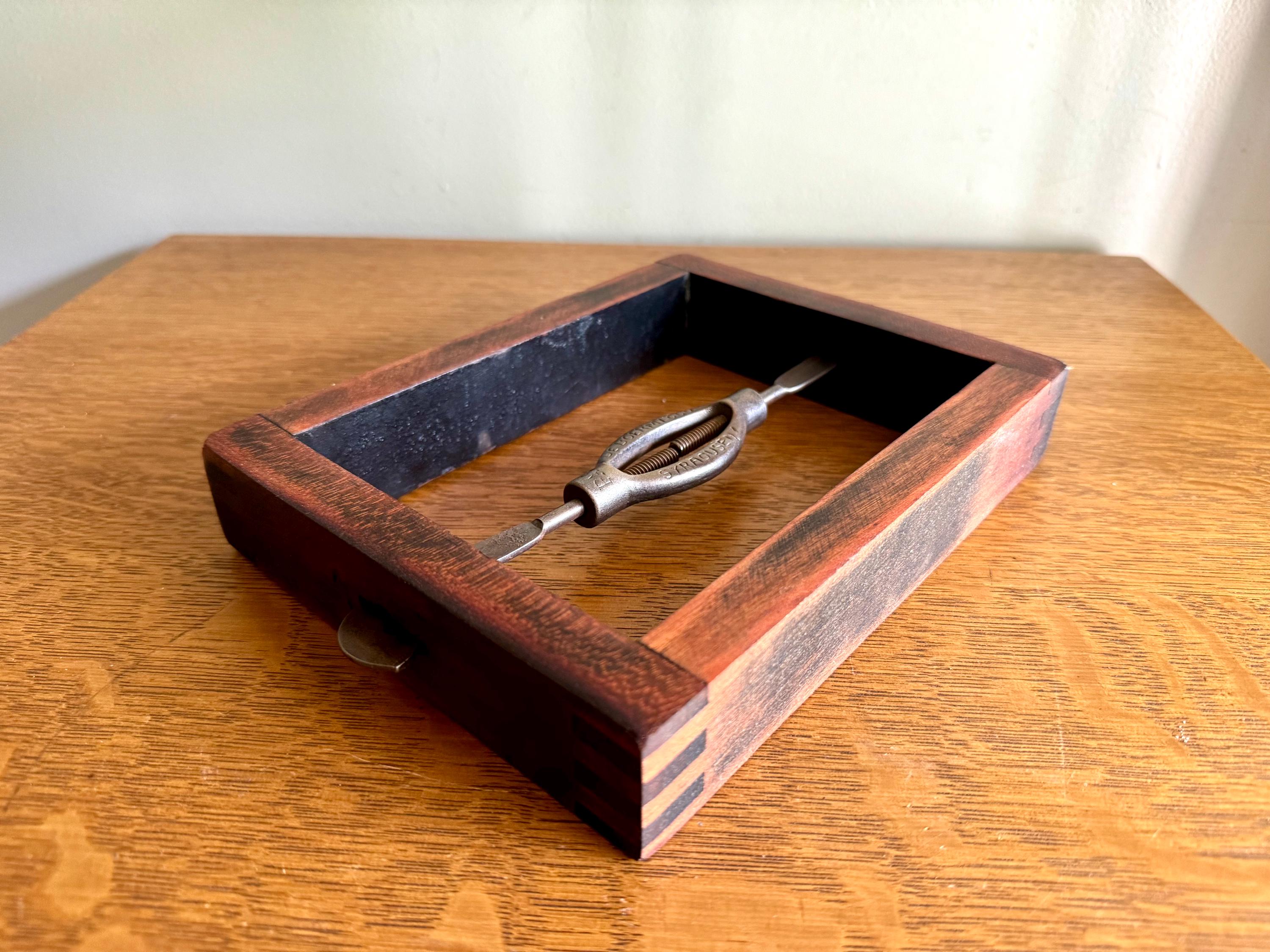 Antique Deboer Mfg. Bed Rail Clamp Block | Deboer Dovetailed Wood Block Clamp | Primitive Bed Frame Tightener | Stamped Bedstead Turnbuckle
