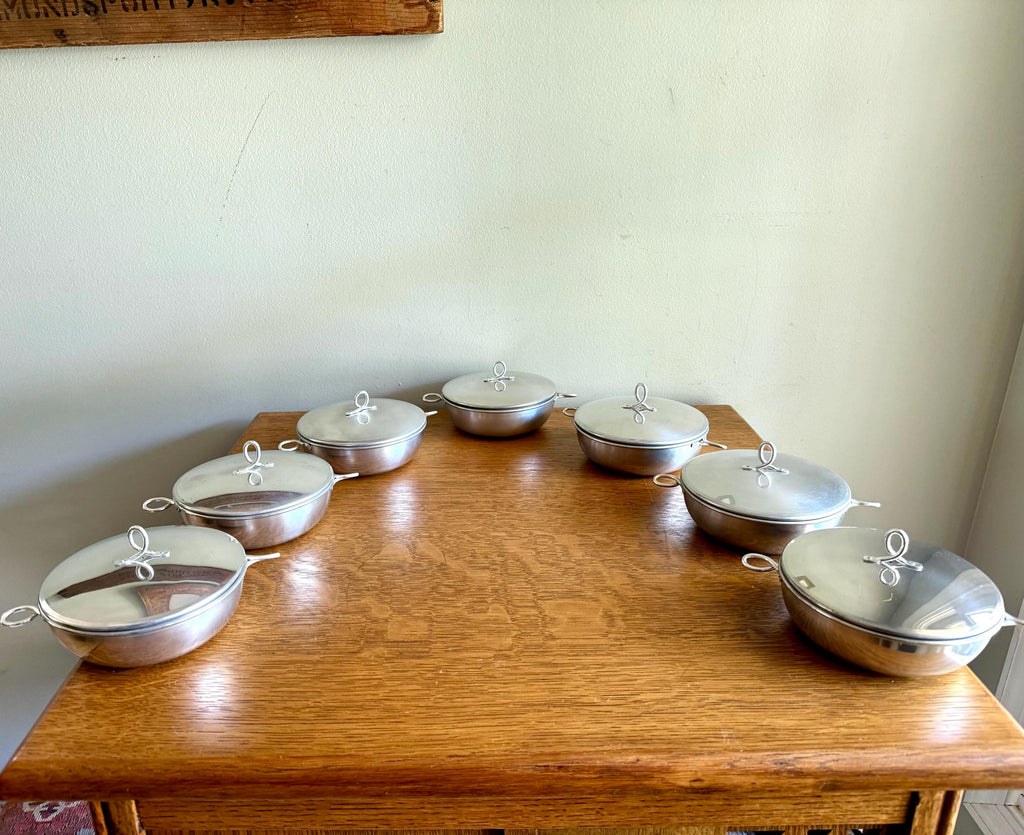 Vtg Set of 7 Aluminum Rice Bowls With Lids | MCM Small Aluminum Bowls With Lids | Camping Bowl Set | Small Cook & Serve Casserole Bowls