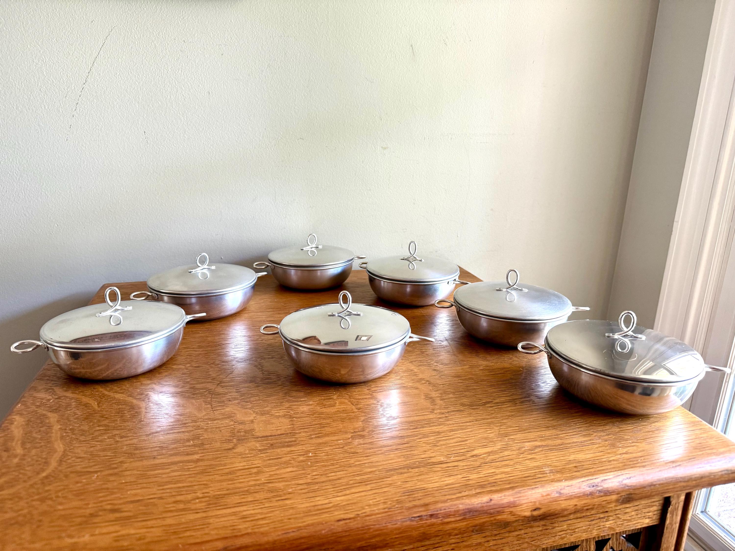 Vtg Set of 7 Aluminum Rice Bowls With Lids | MCM Small Aluminum Bowls With Lids | Camping Bowl Set | Small Cook & Serve Casserole Bowls