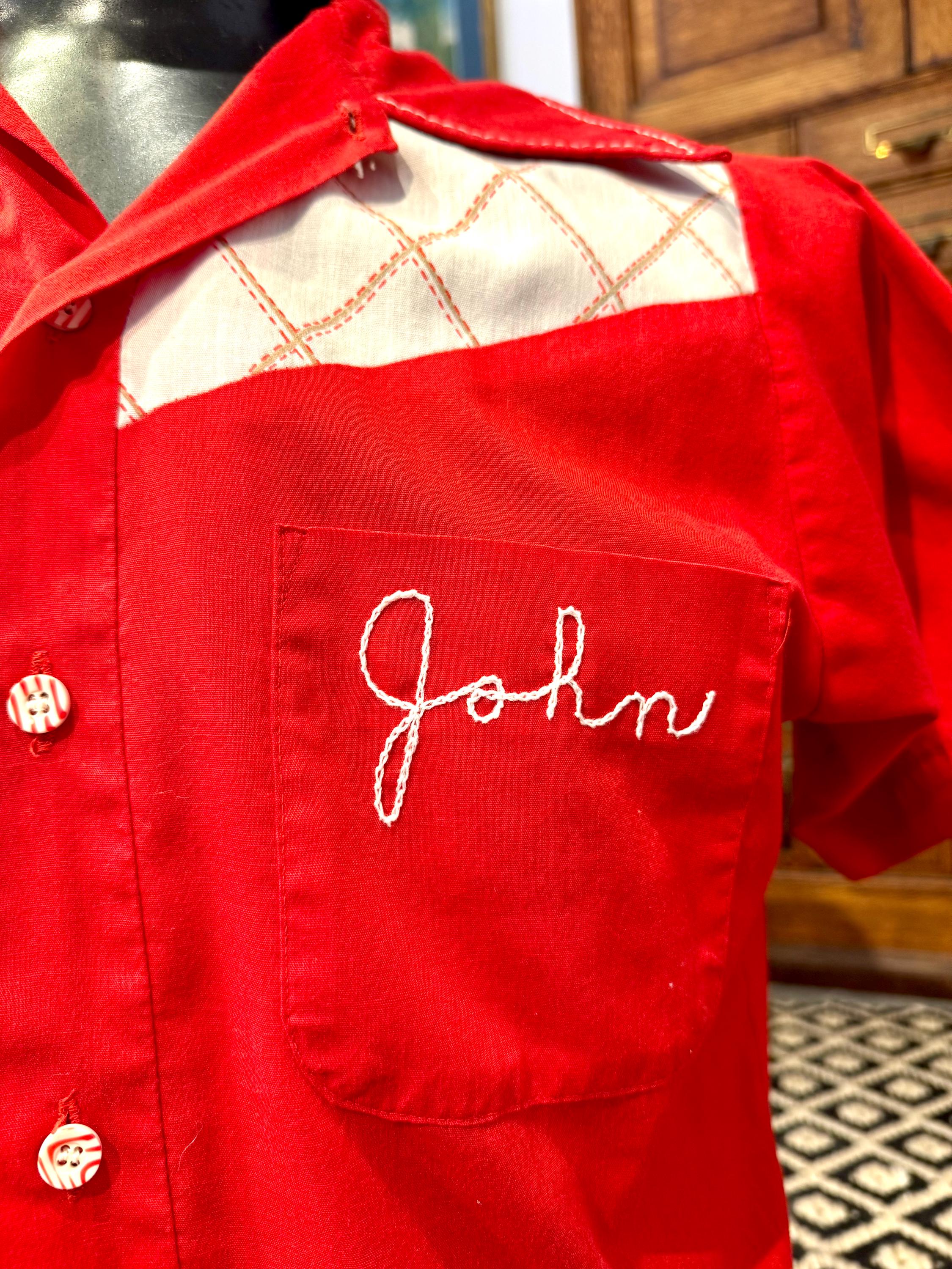 Vtg Embroidered Bowling Club Shirt | Red and White 50's Bowling Shirt | King Louie Bowling Shirt (M) John's Shirt | Chain Stitched Shirt