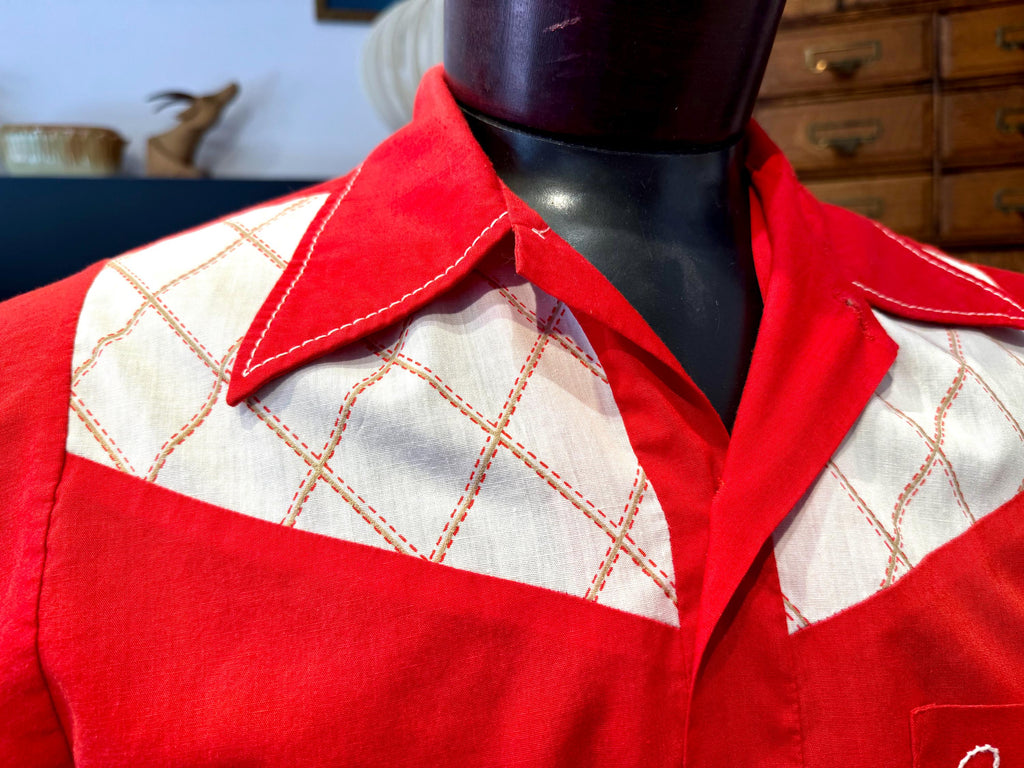 Vtg Embroidered Bowling Club Shirt | Red and White 50's Bowling Shirt | King Louie Bowling Shirt (M) John's Shirt | Chain Stitched Shirt