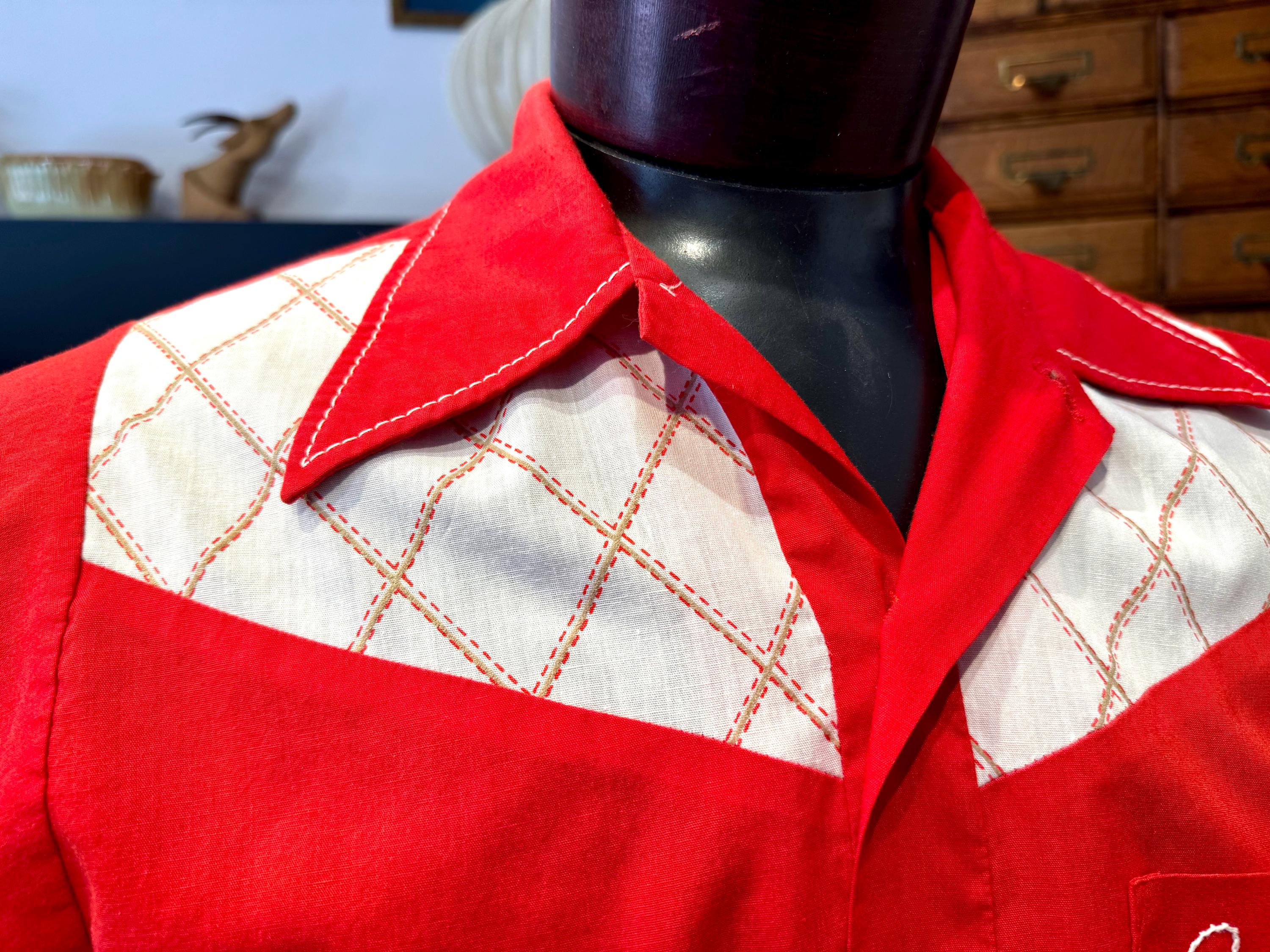 Vtg Embroidered Bowling Club Shirt | Red and White 50's Bowling Shirt | King Louie Bowling Shirt (M) John's Shirt | Chain Stitched Shirt