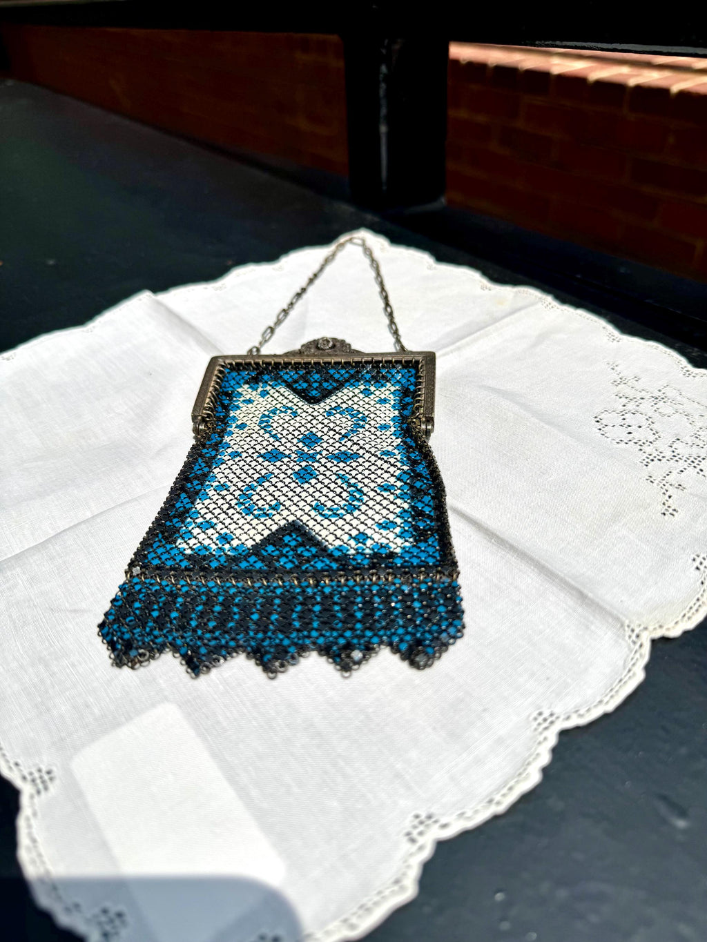 Early 1920's Mandalian Mesh Flapper Purse | Black and White Metal Mesh Purse | Ornate Floral Latch Mandalian Mesh Purse