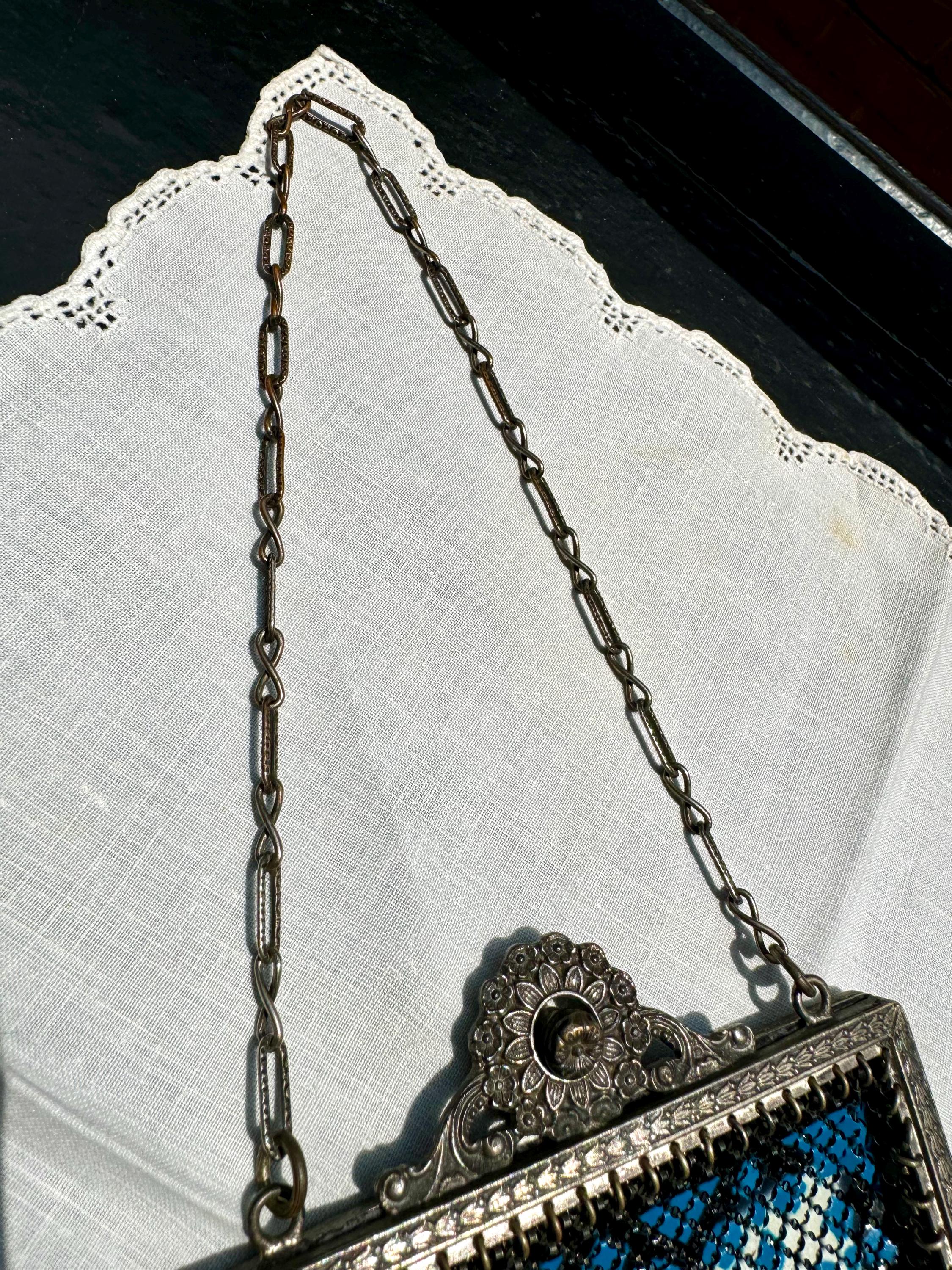 Early 1920's Mandalian Mesh Flapper Purse | Black and White Metal Mesh Purse | Ornate Floral Latch Mandalian Mesh Purse