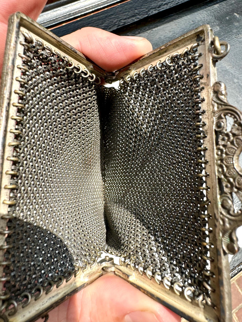 Early 1920's Mandalian Mesh Flapper Purse | Black and White Metal Mesh Purse | Ornate Floral Latch Mandalian Mesh Purse