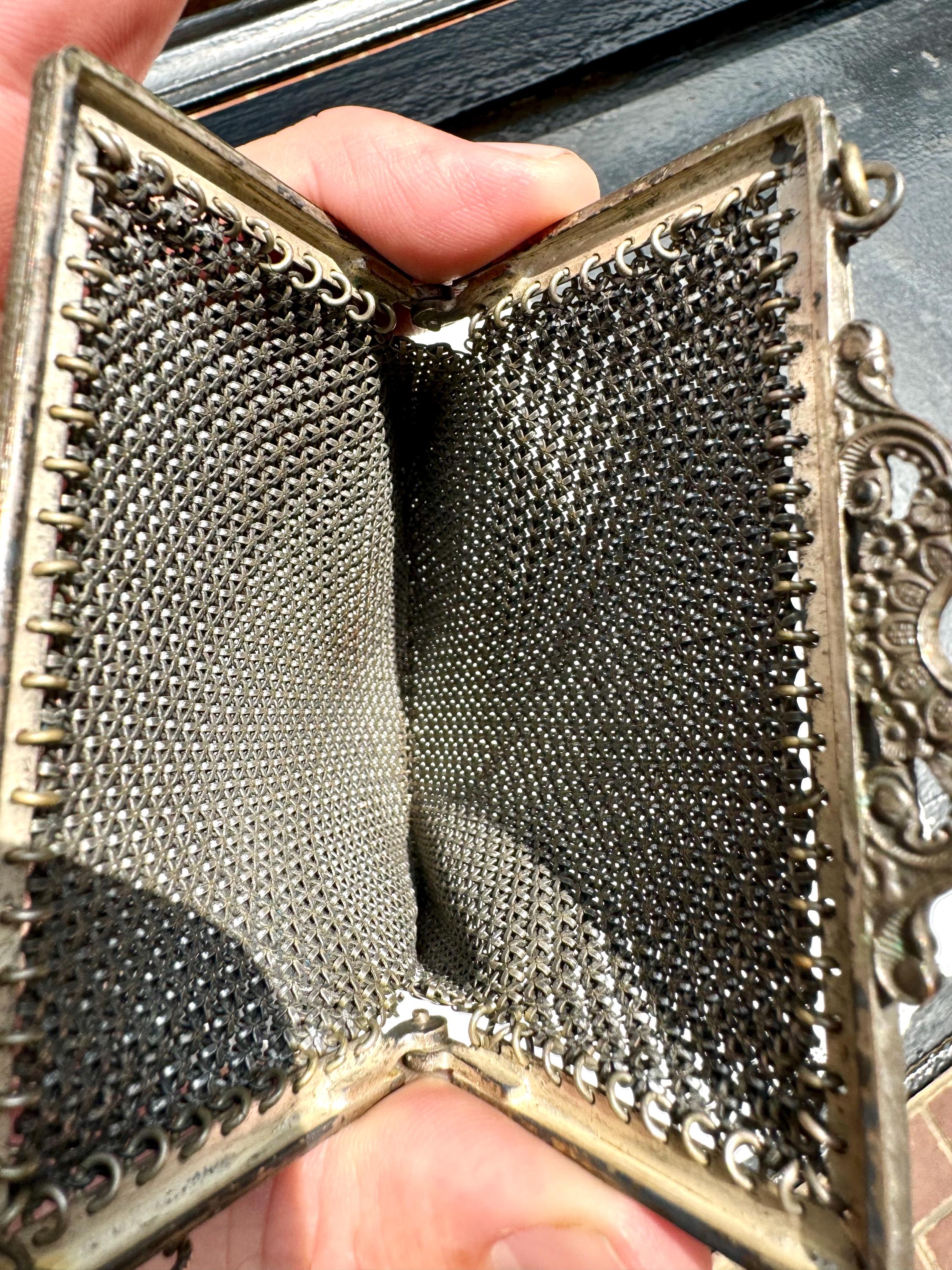 Early 1920's Mandalian Mesh Flapper Purse | Black and White Metal Mesh Purse | Ornate Floral Latch Mandalian Mesh Purse