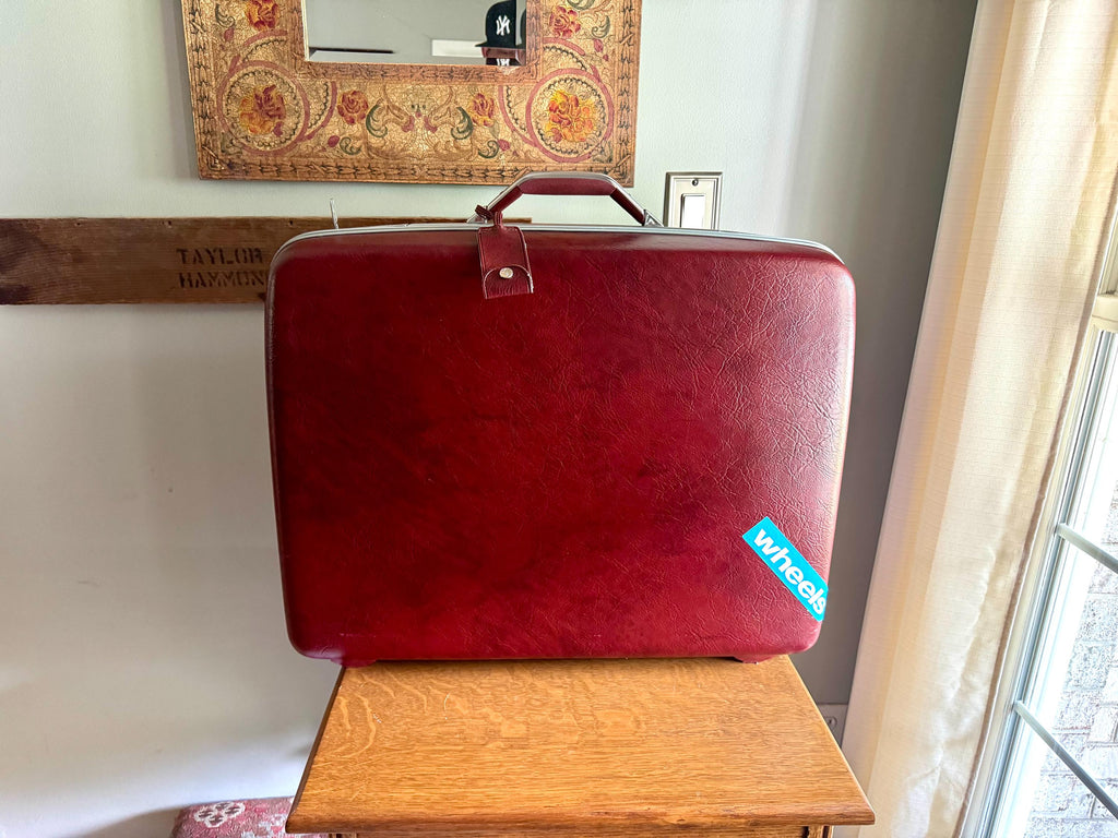 Samsonite Hardshell Suitcase with Key | 70's Retro Luggage | Large Maroon Hard Case Suitcase on Wheels | Rolling Mid Century Luggage