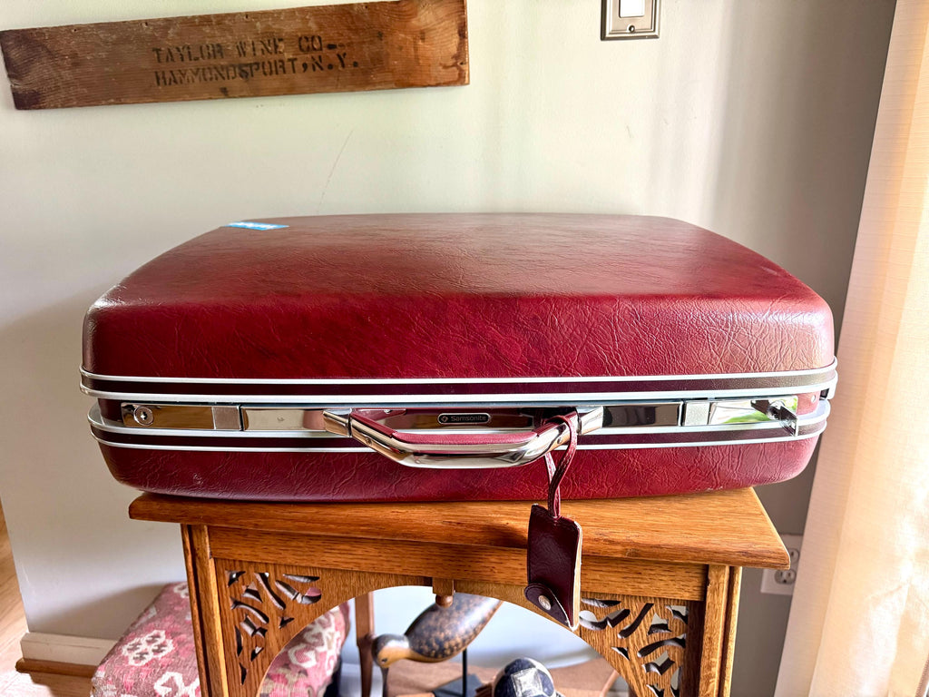 Samsonite Hardshell Suitcase with Key | 70's Retro Luggage | Large Maroon Hard Case Suitcase on Wheels | Rolling Mid Century Luggage