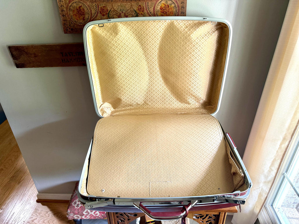 Samsonite Hardshell Suitcase with Key | 70's Retro Luggage | Large Maroon Hard Case Suitcase on Wheels | Rolling Mid Century Luggage