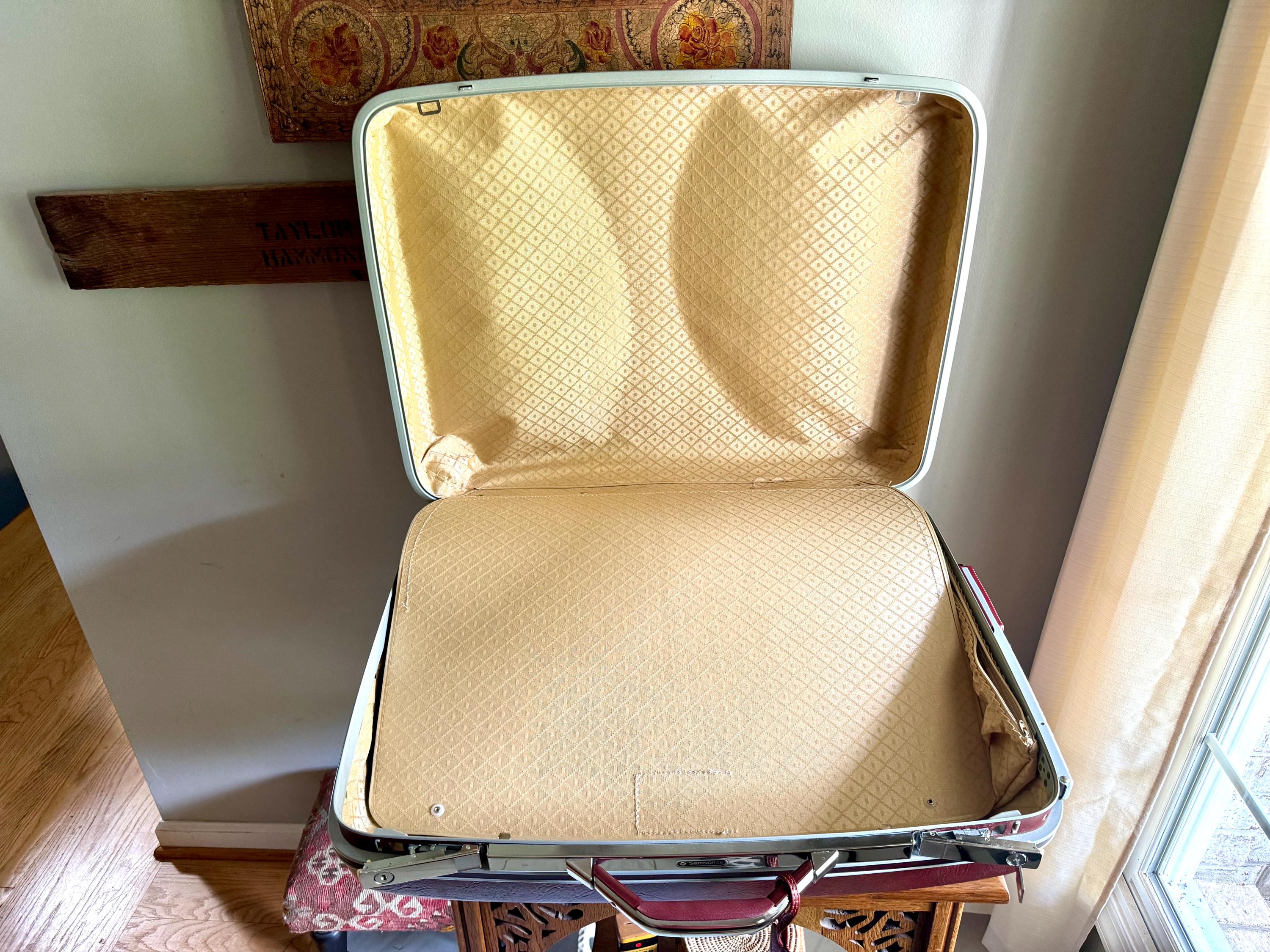 Samsonite Hardshell Suitcase with Key | 70's Retro Luggage | Large Maroon Hard Case Suitcase on Wheels | Rolling Mid Century Luggage