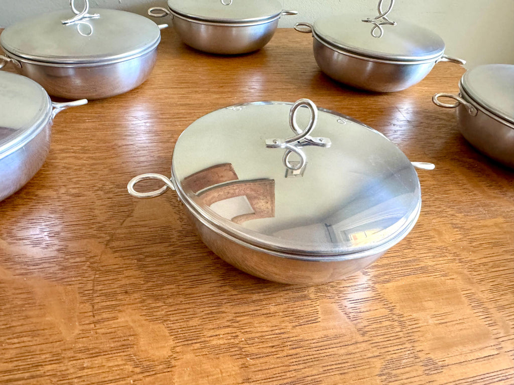 Vtg Set of 7 Aluminum Rice Bowls With Lids | MCM Small Aluminum Bowls With Lids | Camping Bowl Set | Small Cook & Serve Casserole Bowls